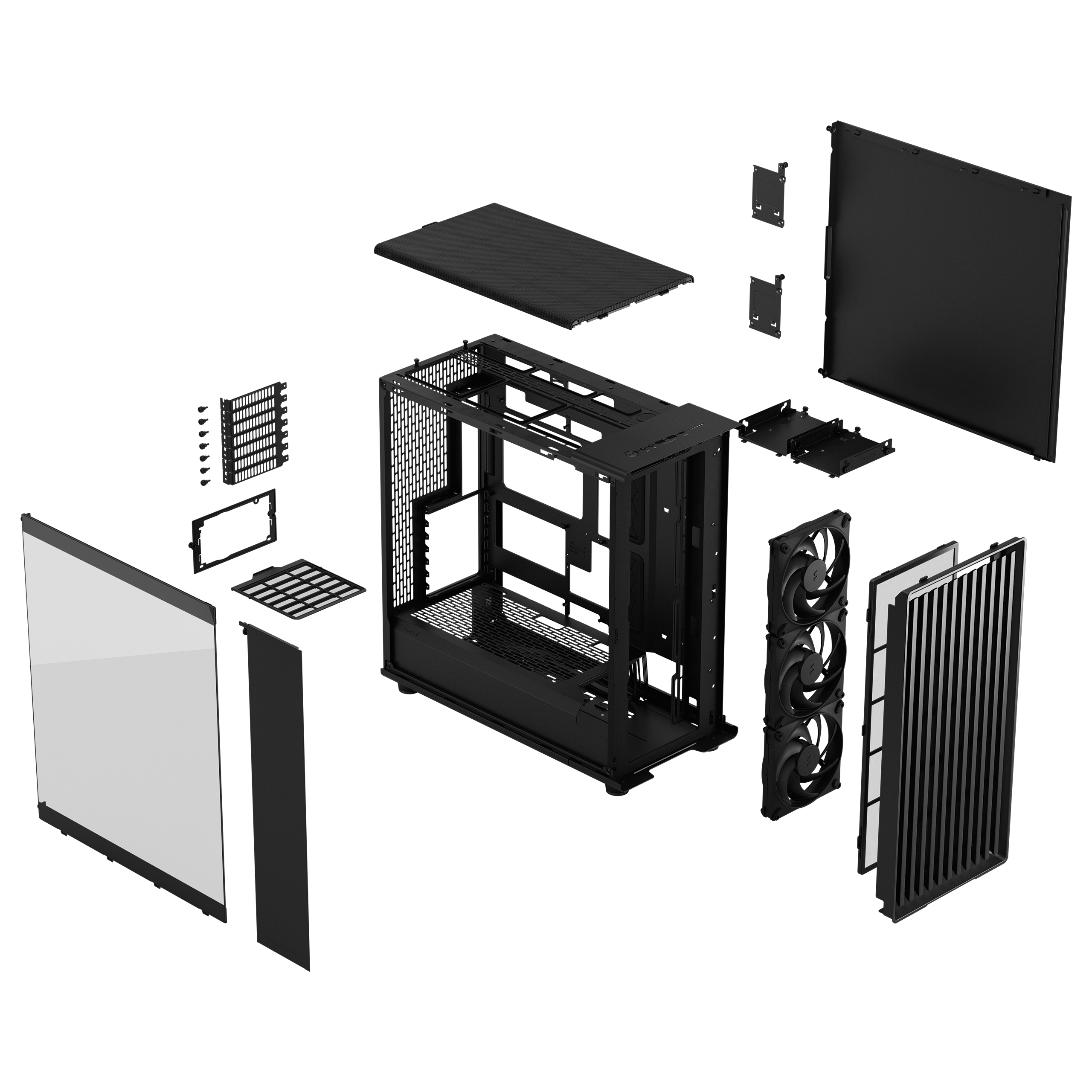 Schwarzes Computergehäuse mit zerlegten Teilen, Glasfront und Lüftern.
