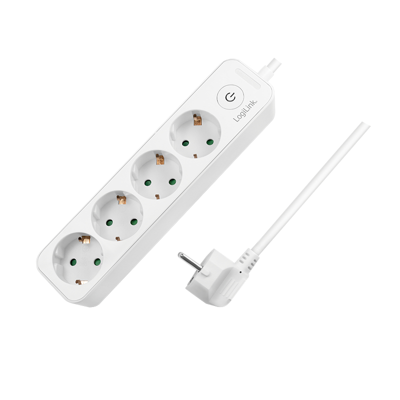 Ein weißer Mehrfachsteckdosenadapter mit drei Steckdosen und einem Winkelstecker.