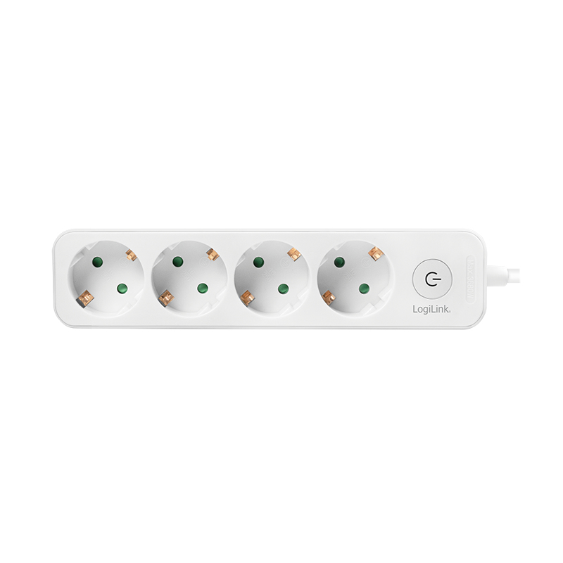 Ein weißer Mehrfachstecker mit vier Steckdosen und einem Netzschalter.