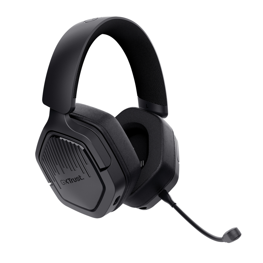 Zwarte gamingheadset met microfoon, op witte achtergrond.