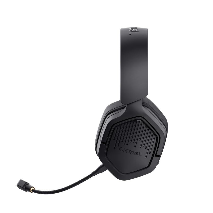 Zwarte gaming headset met microfoon, GXT Trust logo.