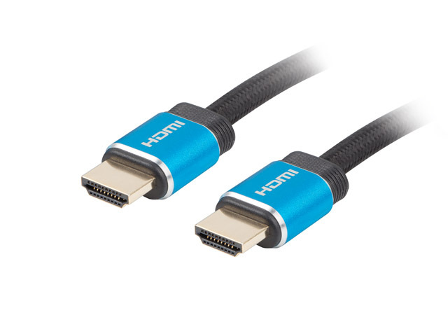 Deux câbles HDMI bleus avec cordons noirs tressés sur fond blanc.