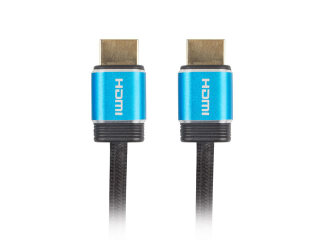 Deux connecteurs de câble HDMI avec manchons bleus et embouts dorés sur fond blanc.
