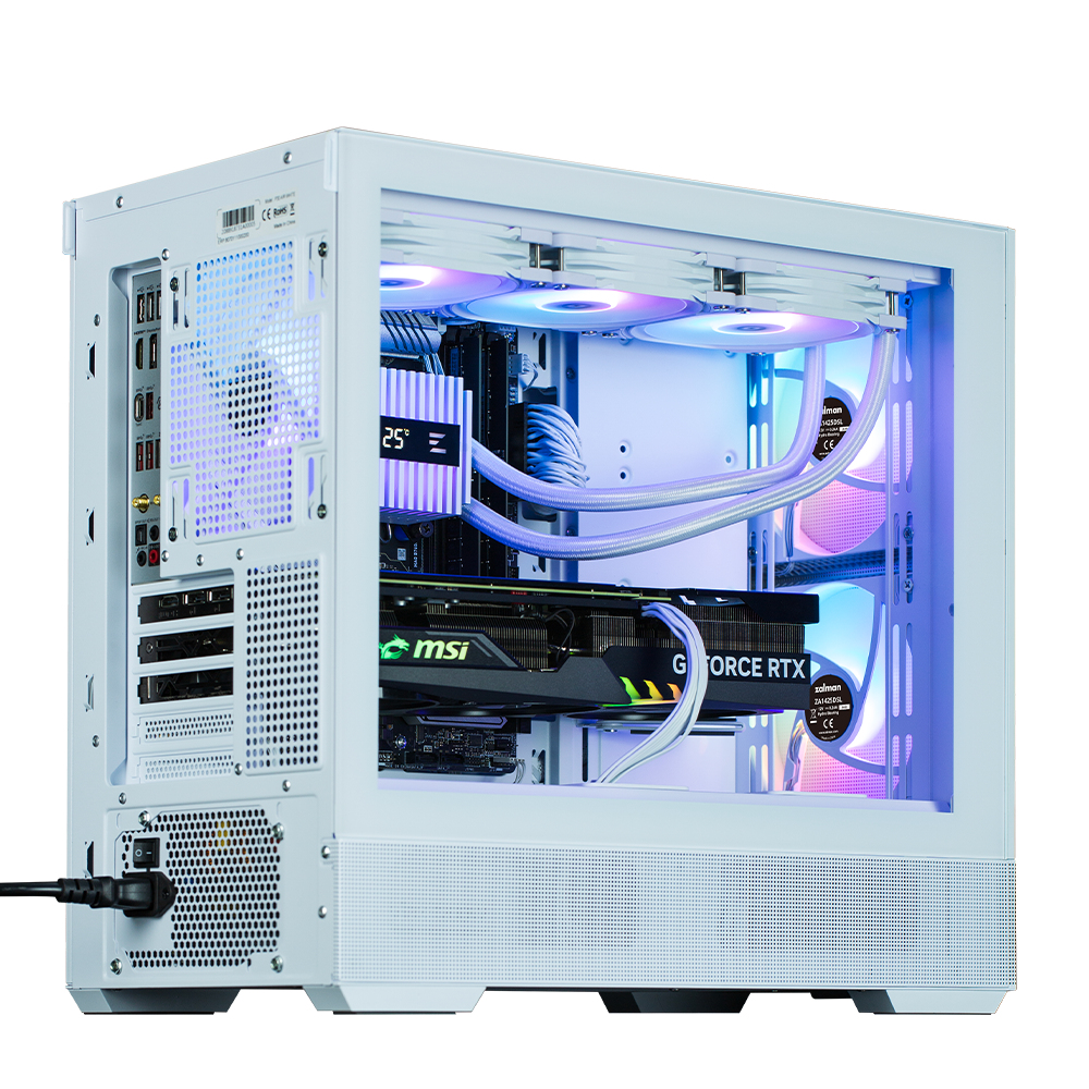 Case bianco per computer con illuminazione RGB, mostra GPU, ventole e cavi.