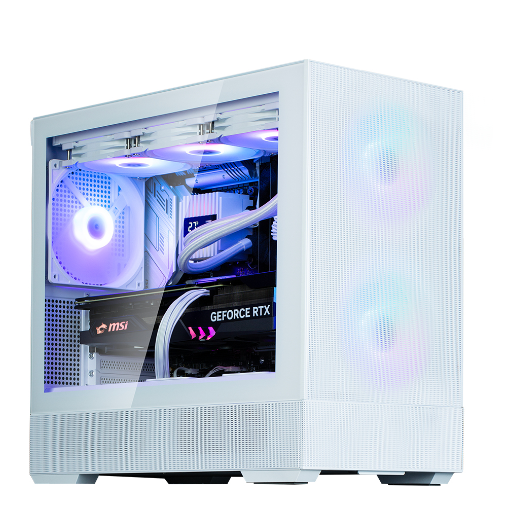 Case PC bianco con ventole RGB, GPU e dissipatore a liquido visibili.