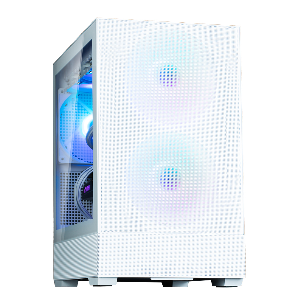 Un case PC bianco con lato in vetro e ventole colorate.