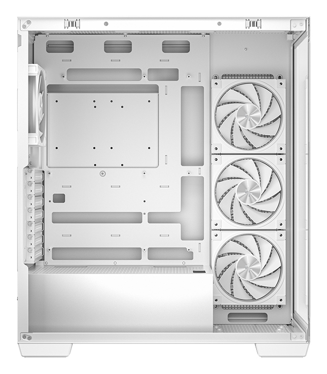 Vista interna di un case per PC bianco con ventole e hardware di montaggio.