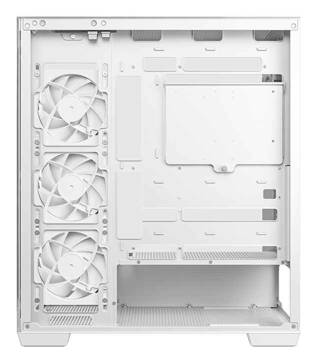 Interno di un case per computer bianco, con tre grandi ventole a sinistra e varie staffe di montaggio e scomparti.
