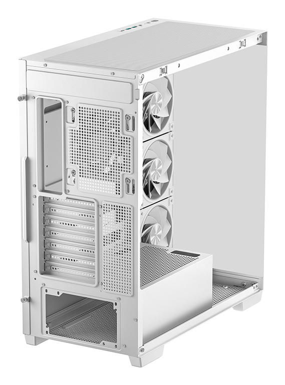 Un case per computer bianco con tre ventole laterali e fessure di ventilazione.