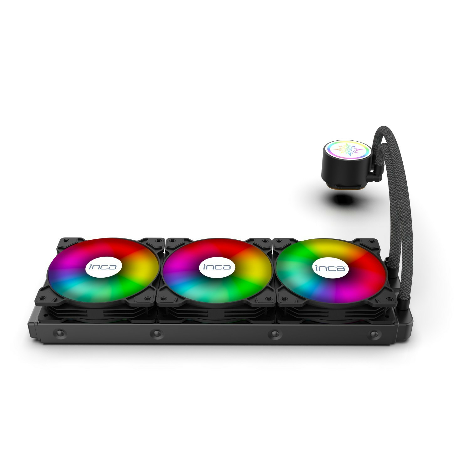 Ein schwarzer CPU-Kühler mit drei RGB-Lüftern und einem Pumpenkopf.
