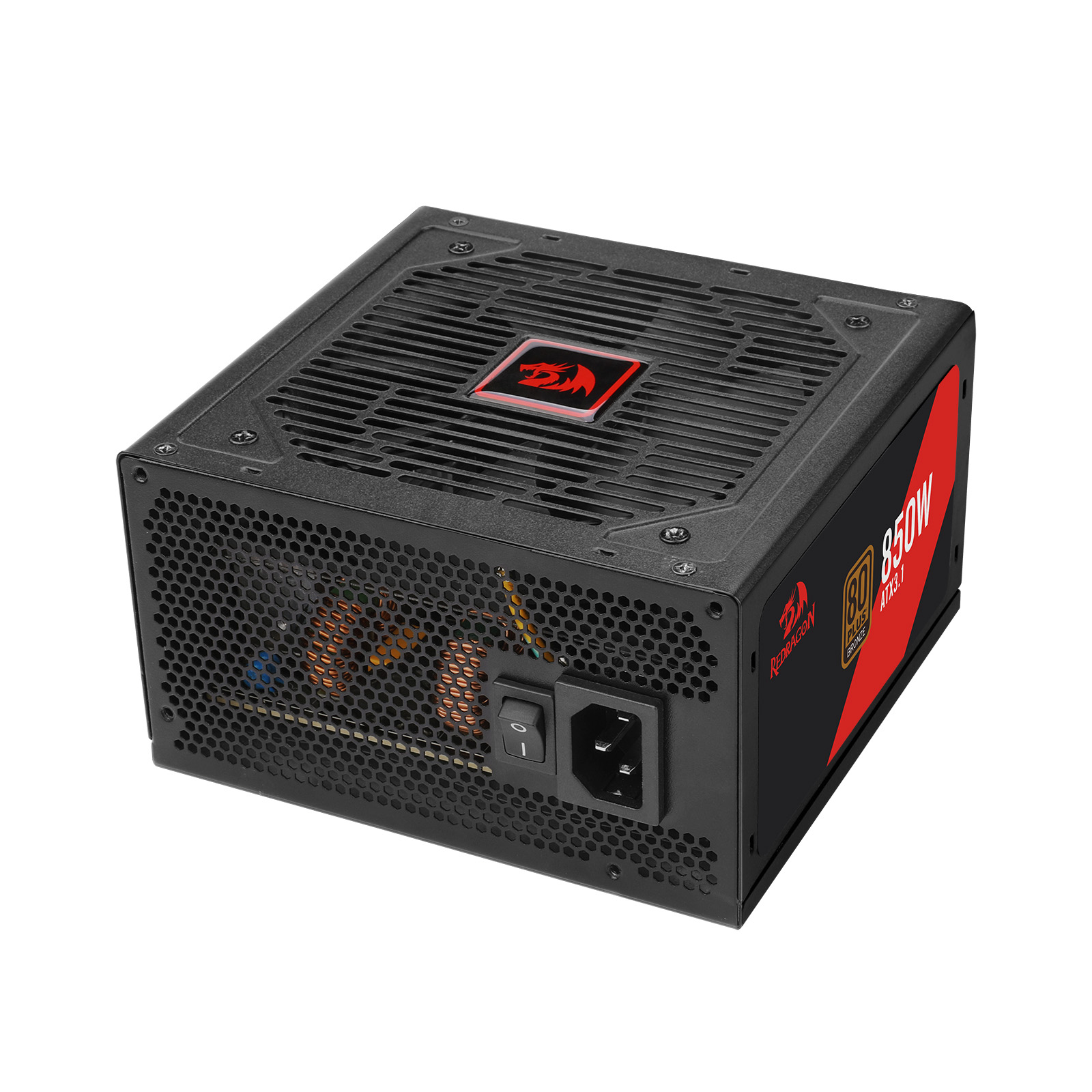 Ein schwarzes Redragon 850W Netzteil mit rotem Drachenlogo und "80 PLUS BRONZE"-Aufschrift.