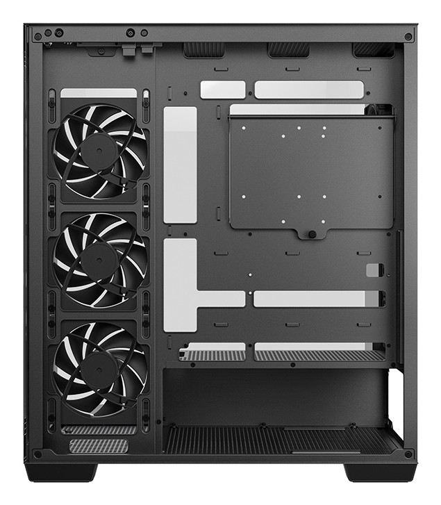 Ein schwarzes Computergehäuse mit drei Lüftern links und Montagepunkten.