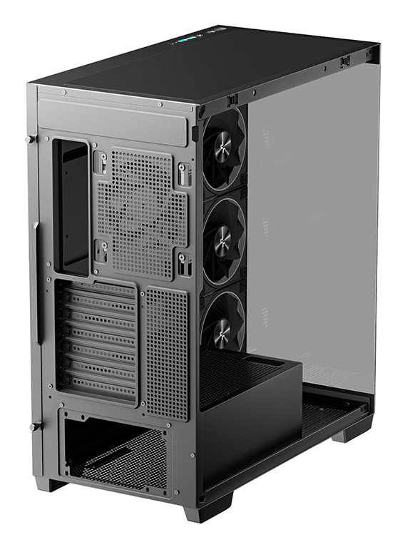 Ein schwarzes PC-Gehäuse mit Glasfront und drei Lüftern auf der linken Seite.