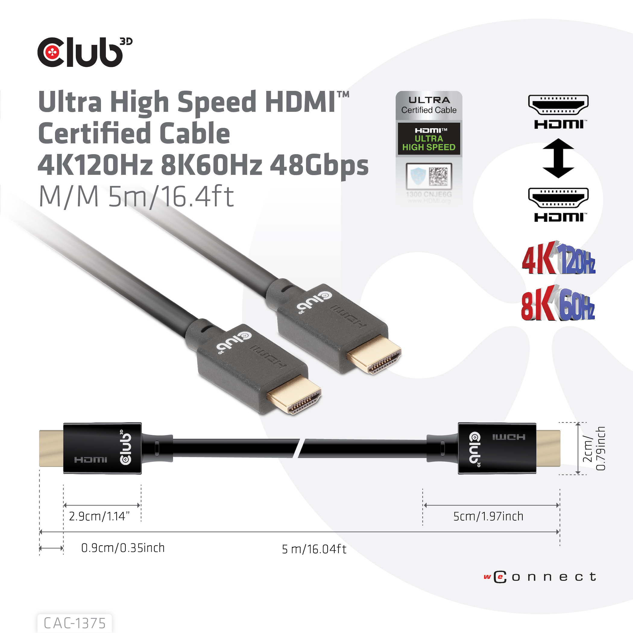 Een Club 3D Ultra High Speed HDMI-kabel van 5m, ondersteunt 4K120Hz en 8K60Hz.
