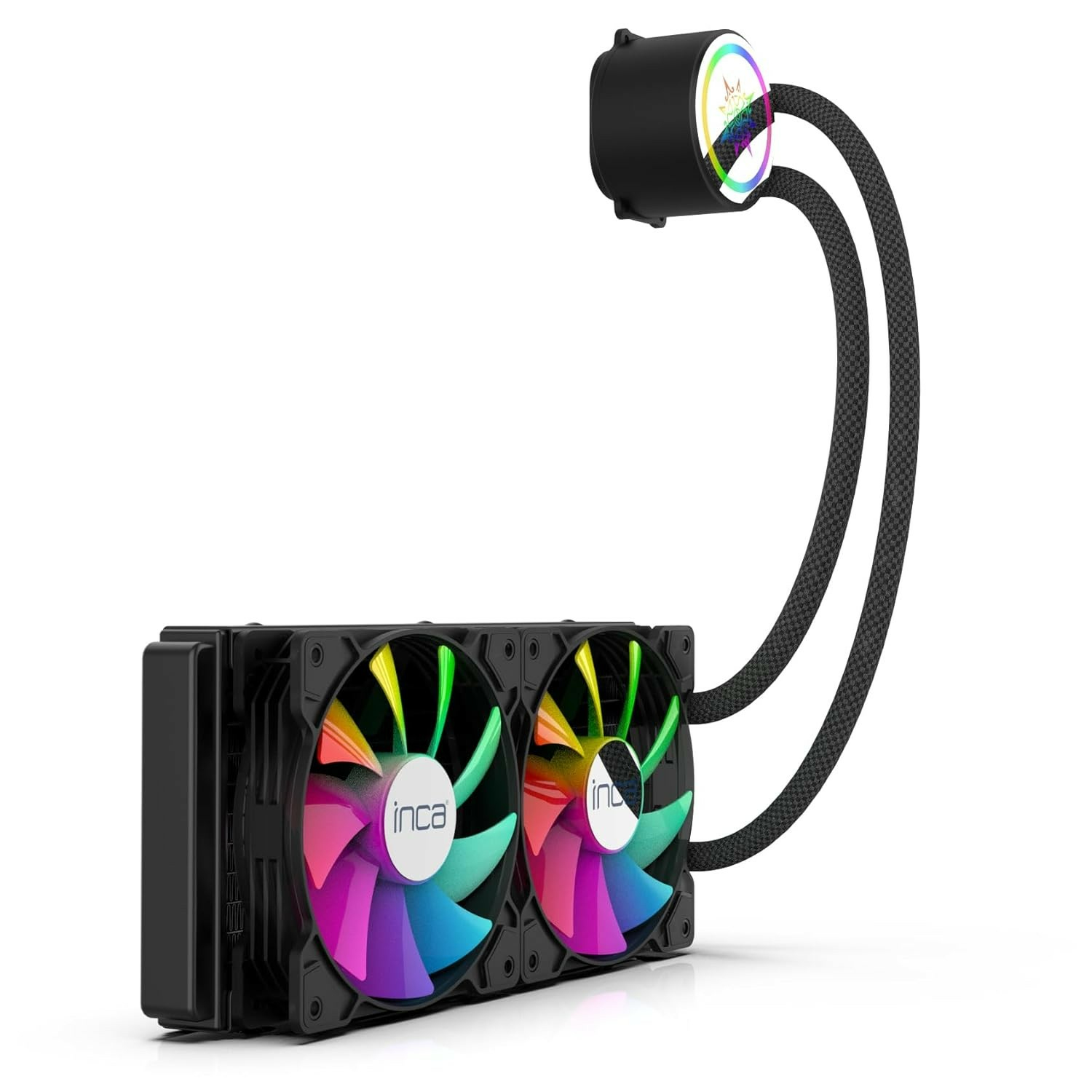 Un dissipatore per CPU per computer nero con due ventole arcobaleno e illuminazione RGB in alto.