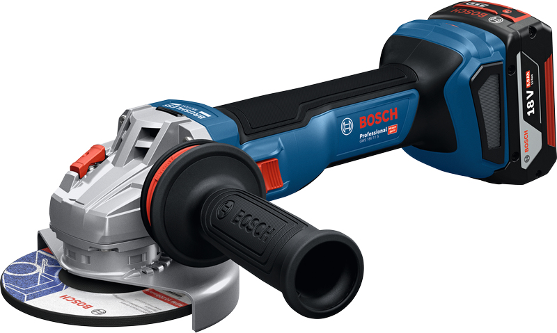 Mavi gövdeli, yardımcı tutamaklı ve 18V akülü Bosch avuç taşlama.