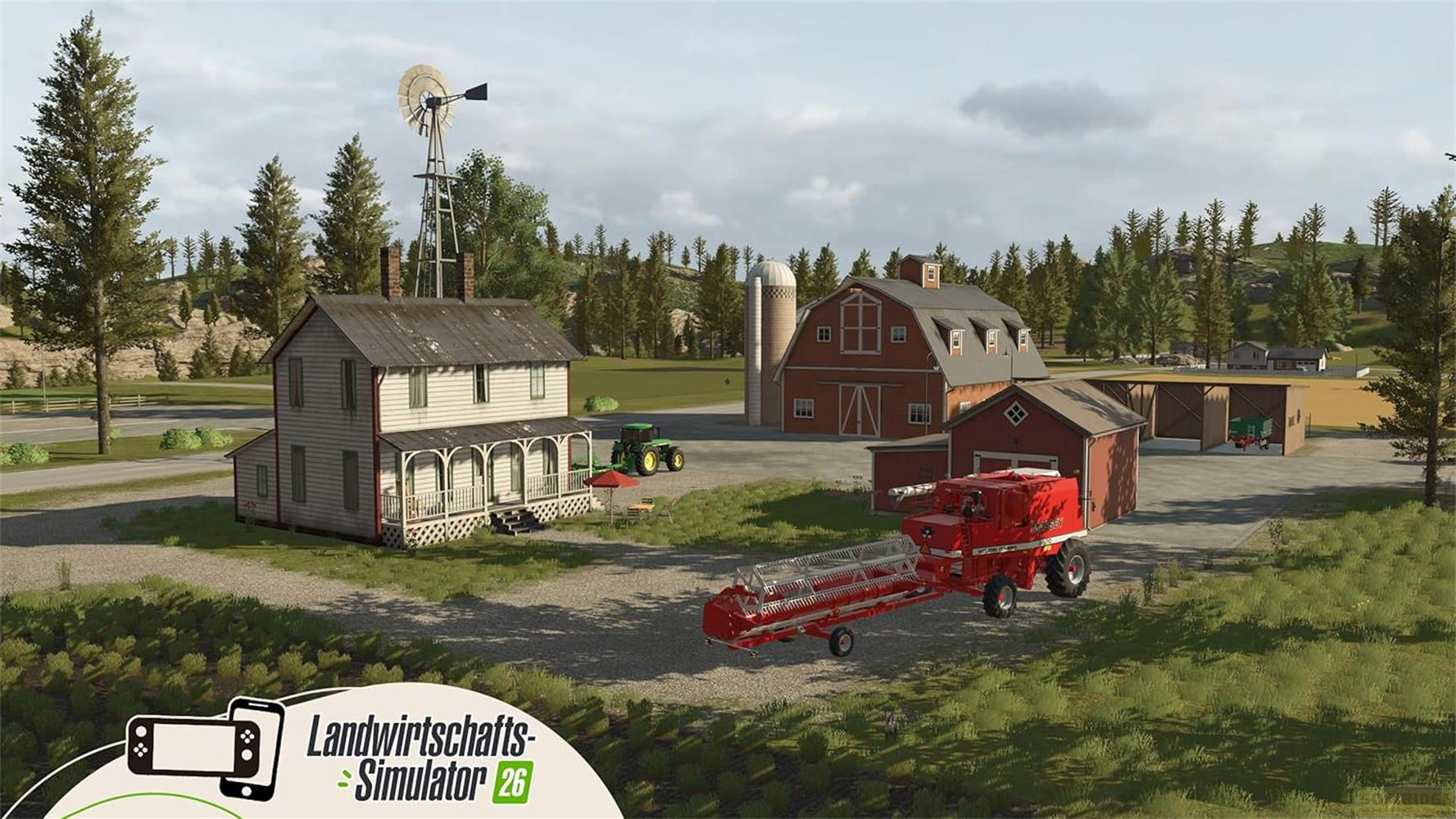 Ein Bauernhof mit einem Haus, Scheunen, einem Traktor und einem Mähdrescher vor bewaldeten Hügeln.