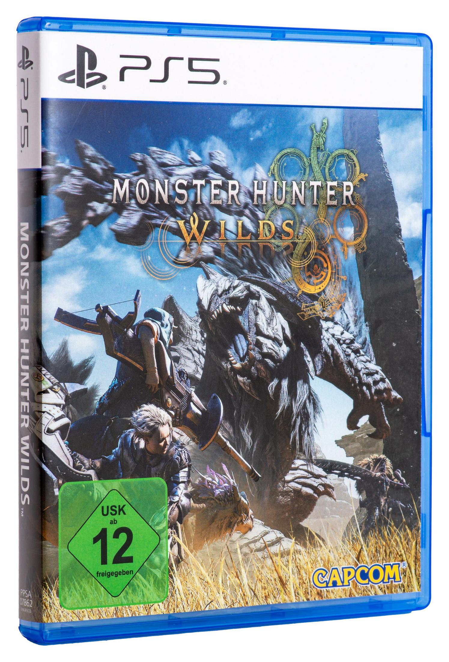 Monster Hunter Wilds PS5 Hülle mit Monstern und Jägern. USK 12 Siegel.