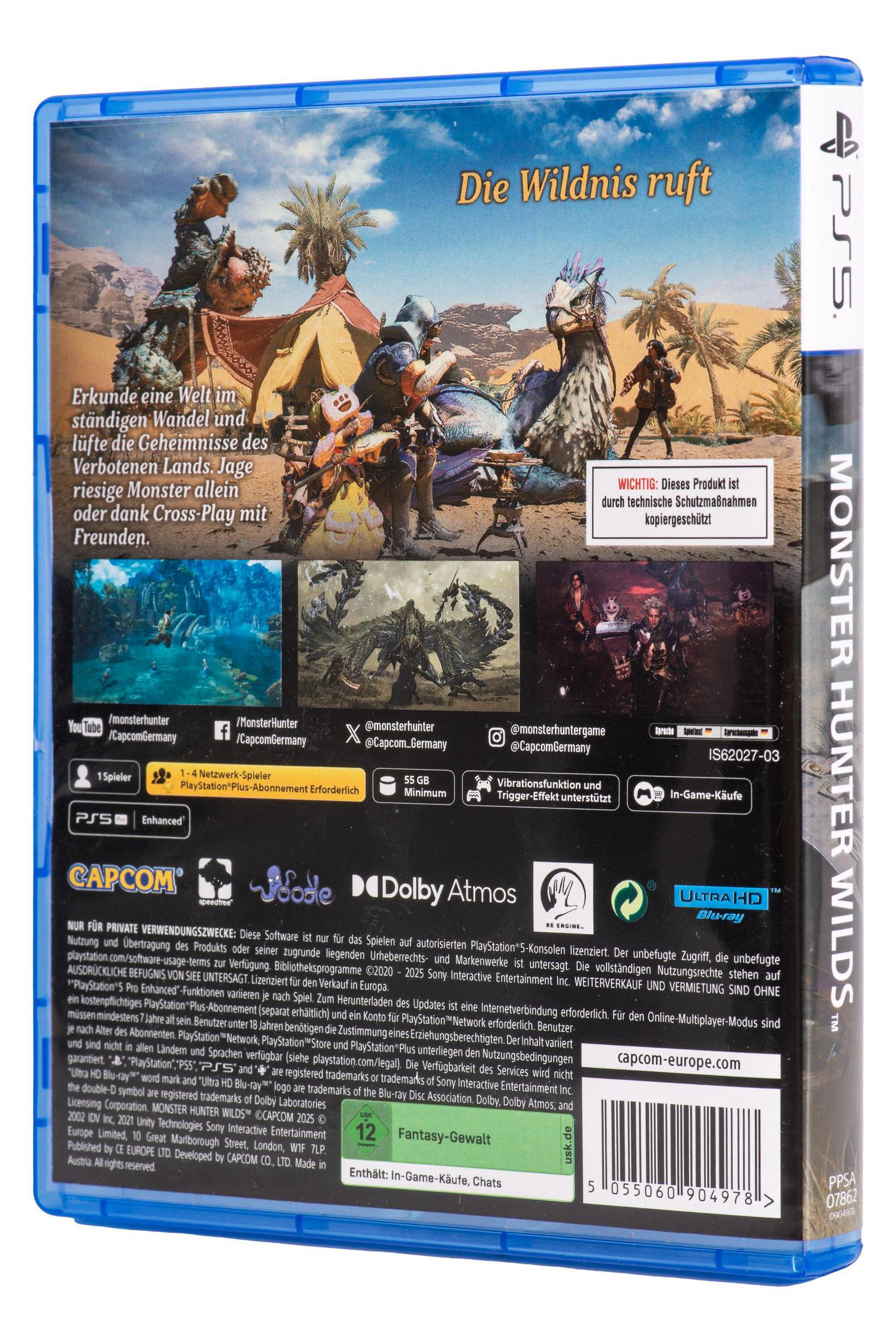 Monster Hunter Wilds PS5 Hülle mit artwork: Monster, Jäger, Zelte, Wüste und PS5 Logo.