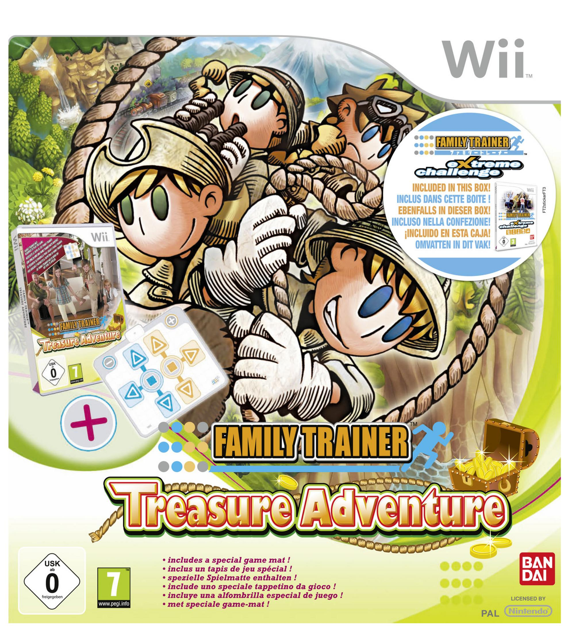Scatola gioco Wii 'Family Trainer: Treasure Adventure' con personaggi, tappetino e forziere.