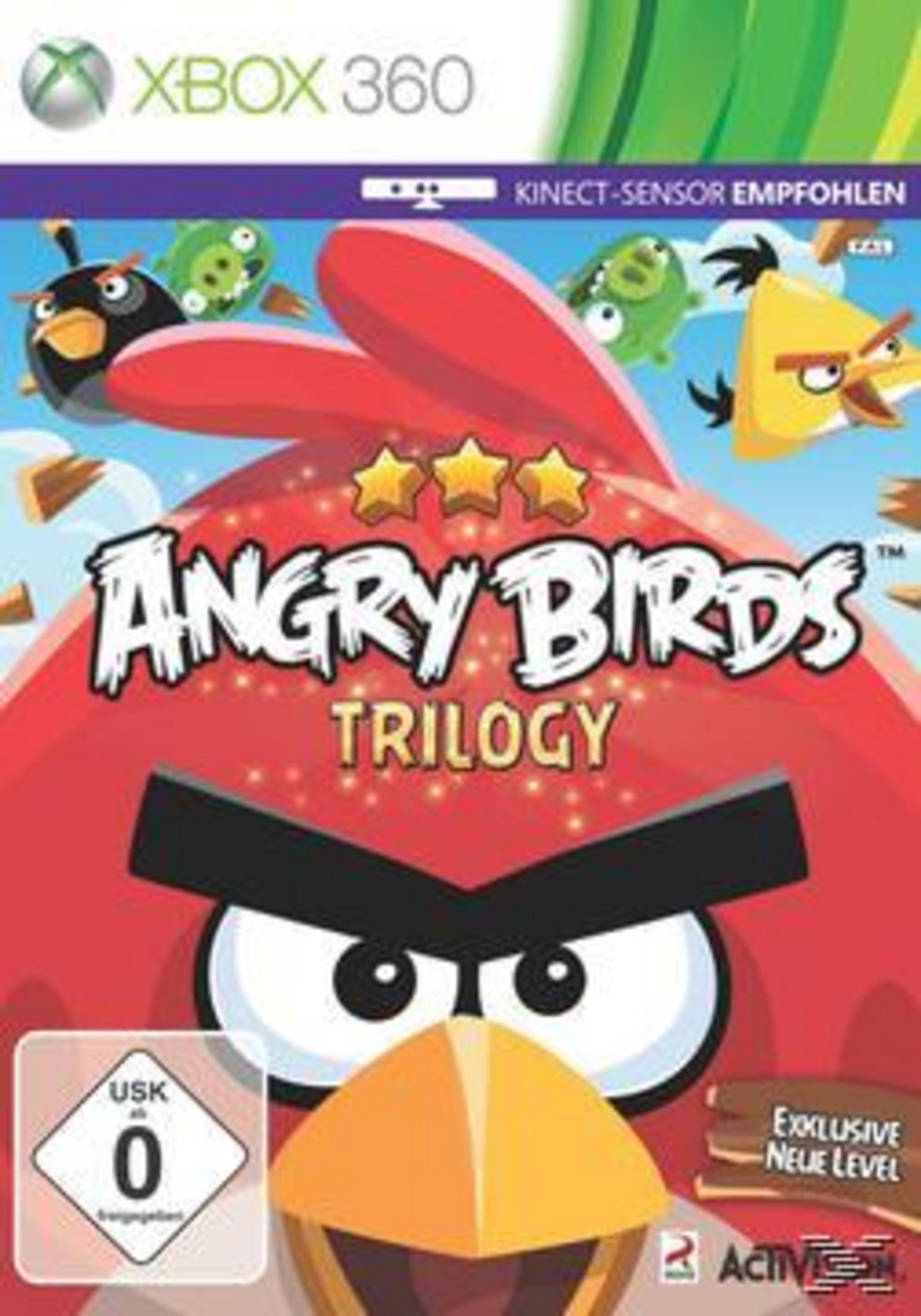 Angry Birds Trilogy Xbox 360 Cover mit roten und schwarzen Vögeln, grünen Schweinen und USK 0.