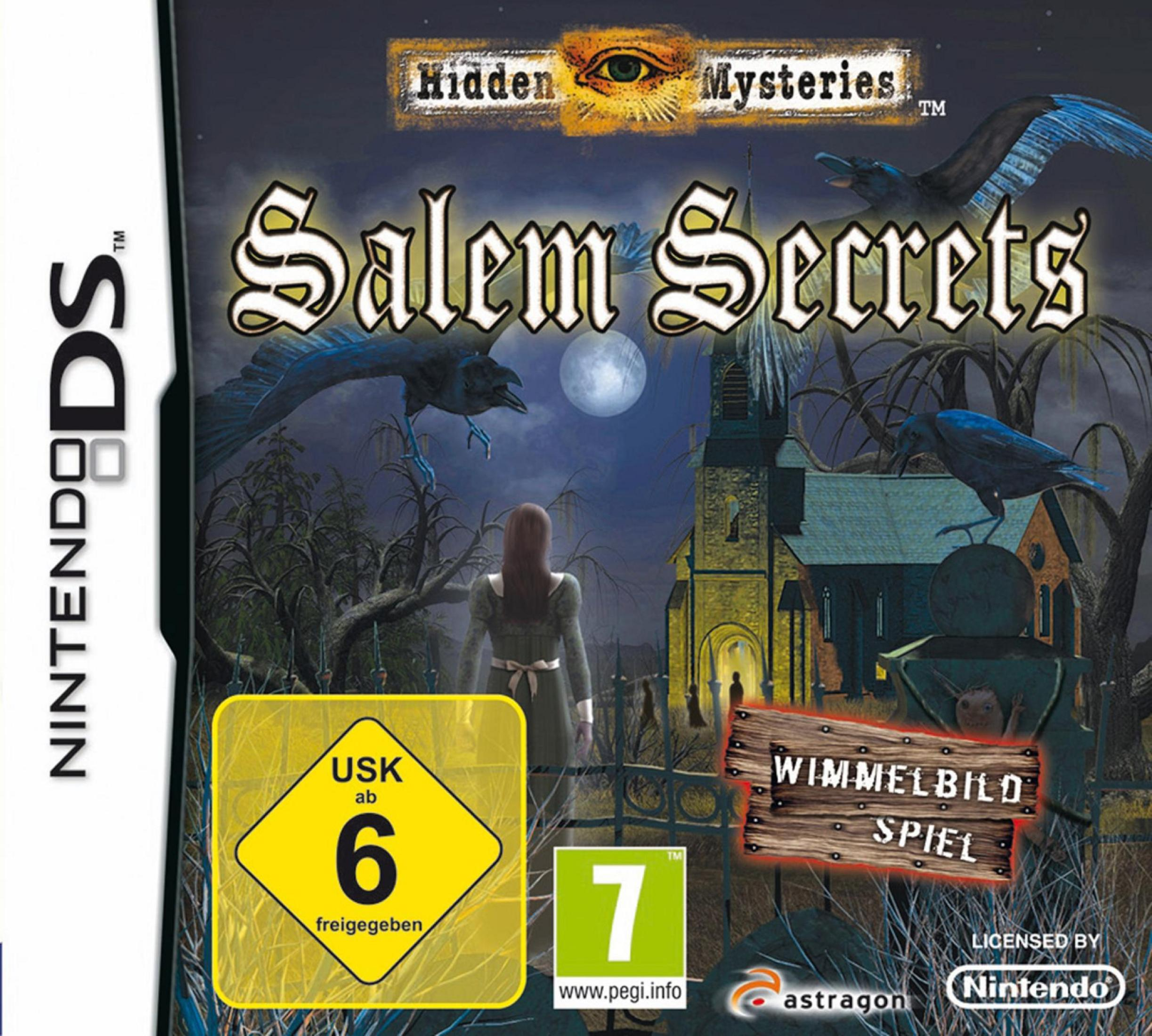 Nintendo DS Spielcover mit Raben, Kirche und Vollmond. Ein Mädchen schaut auf.