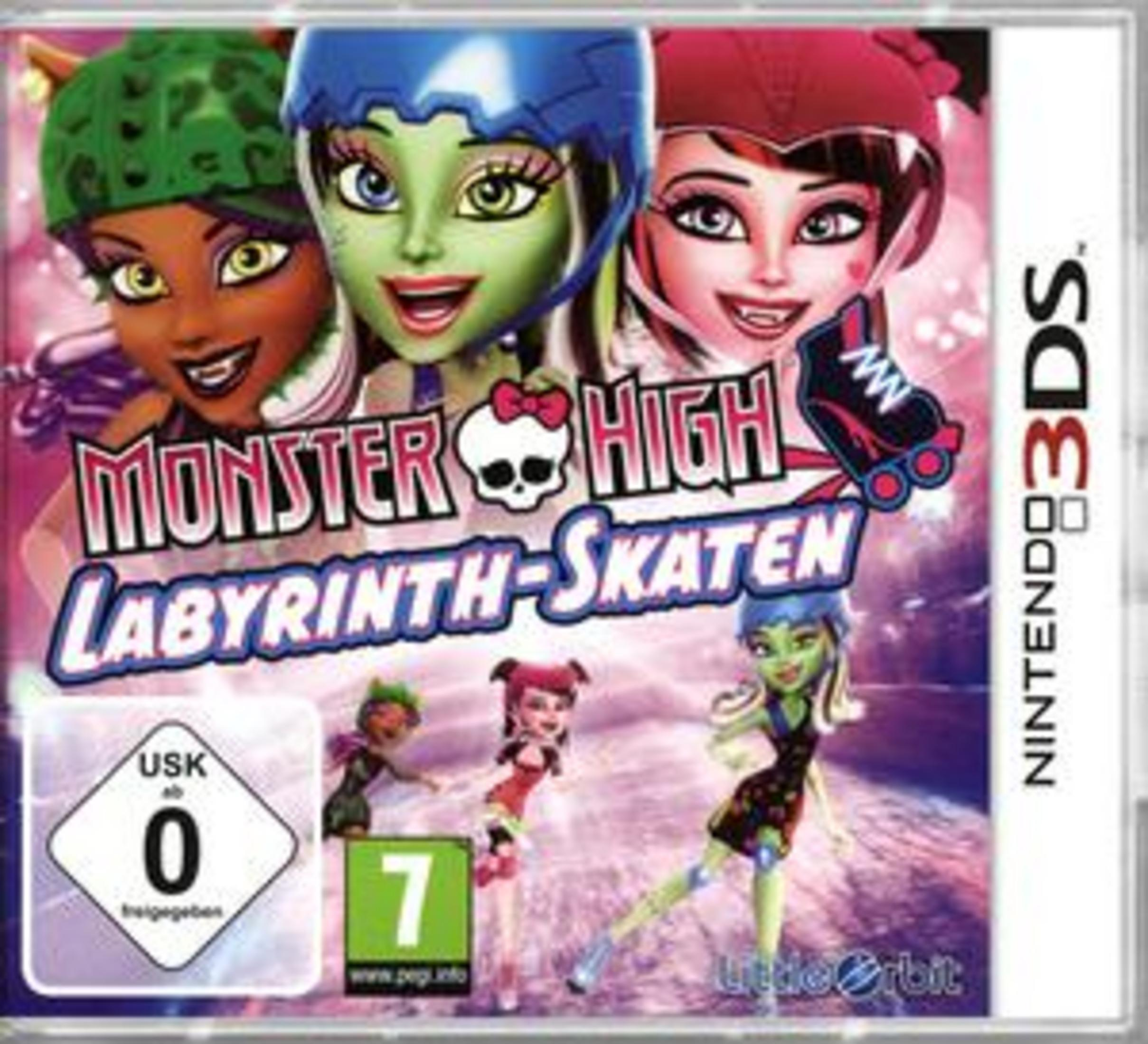 Monster High Labyrinth-Skaten-Spielcover für Nintendo 3DS mit Charakteren.