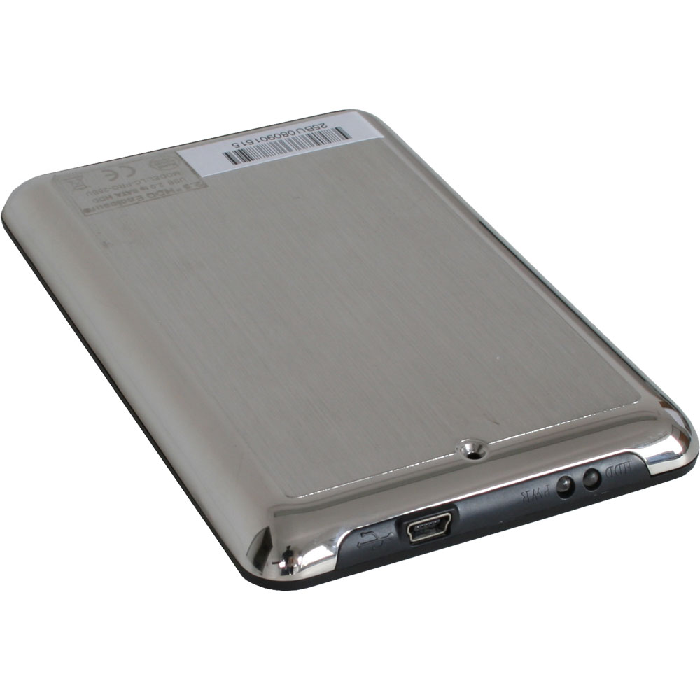 Silbernes externes Festplattengehäuse mit USB-Anschluss und LED-Anzeigen.