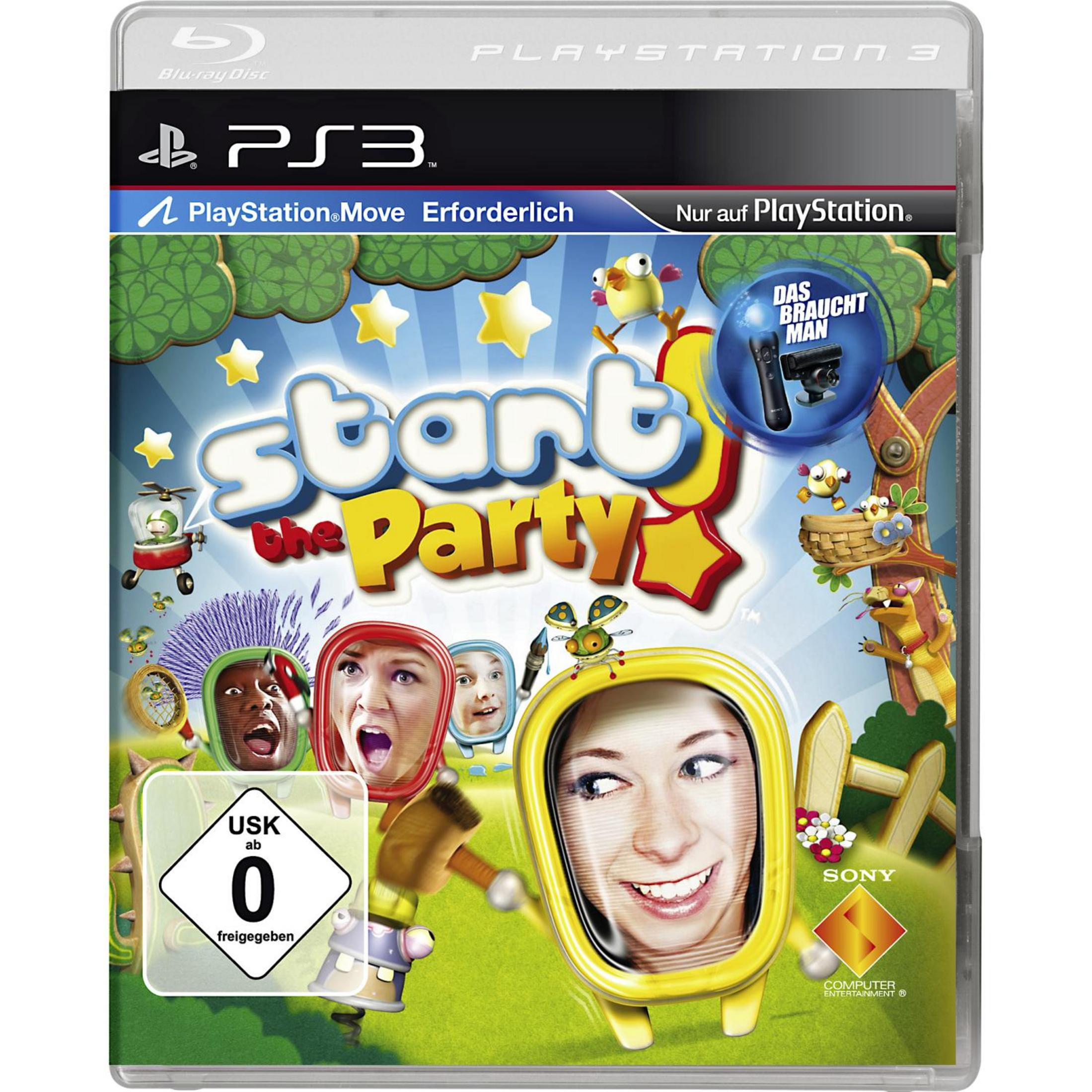 PS3 Spiel 'Start the Party!' mit bunten Figuren, Sternen und einem USK 0 Siegel.