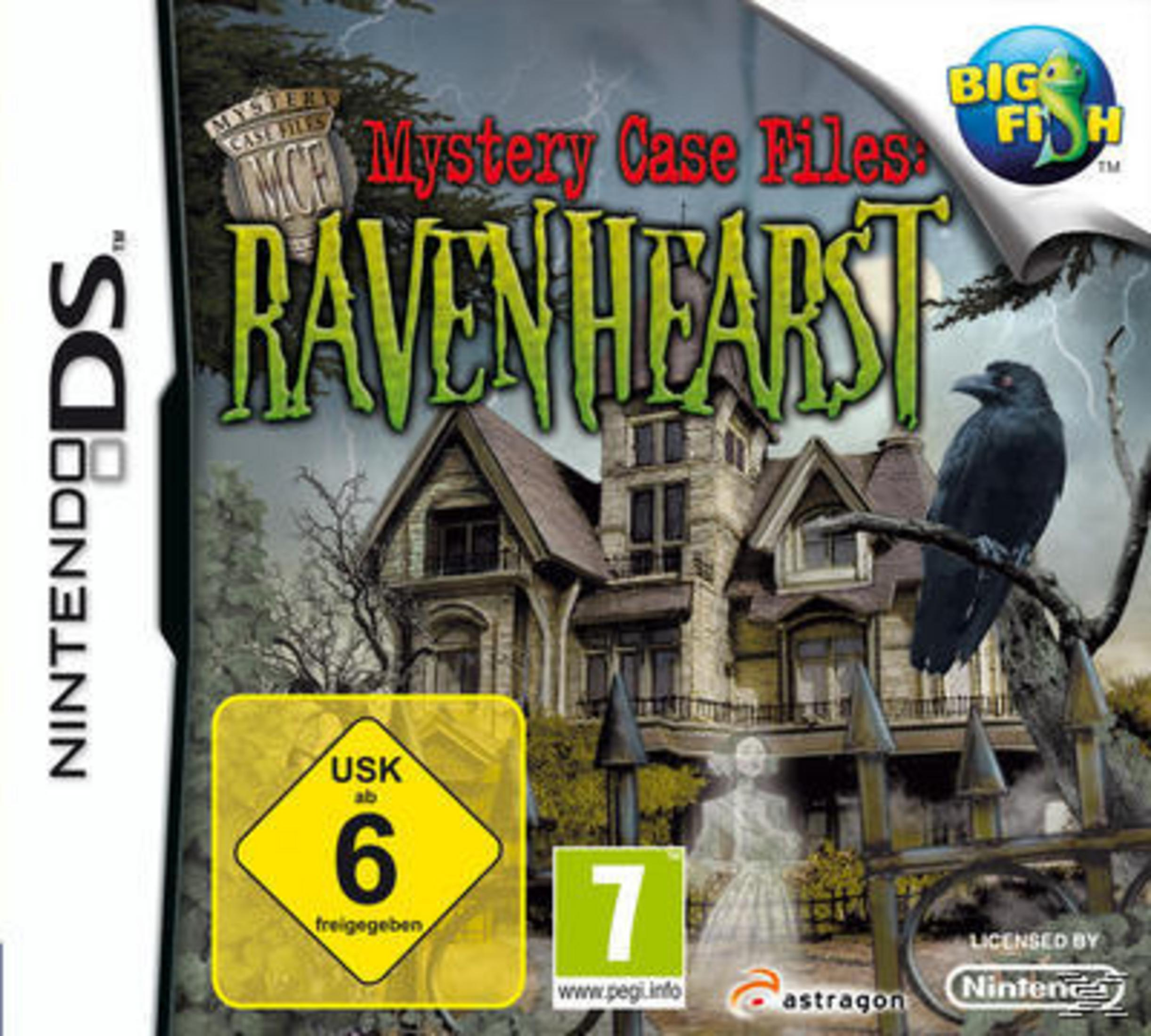 Nintendo DS Spiel "Mystery Case Files: Ravenhearst" mit einem Spukhaus, Raben und Geistern.