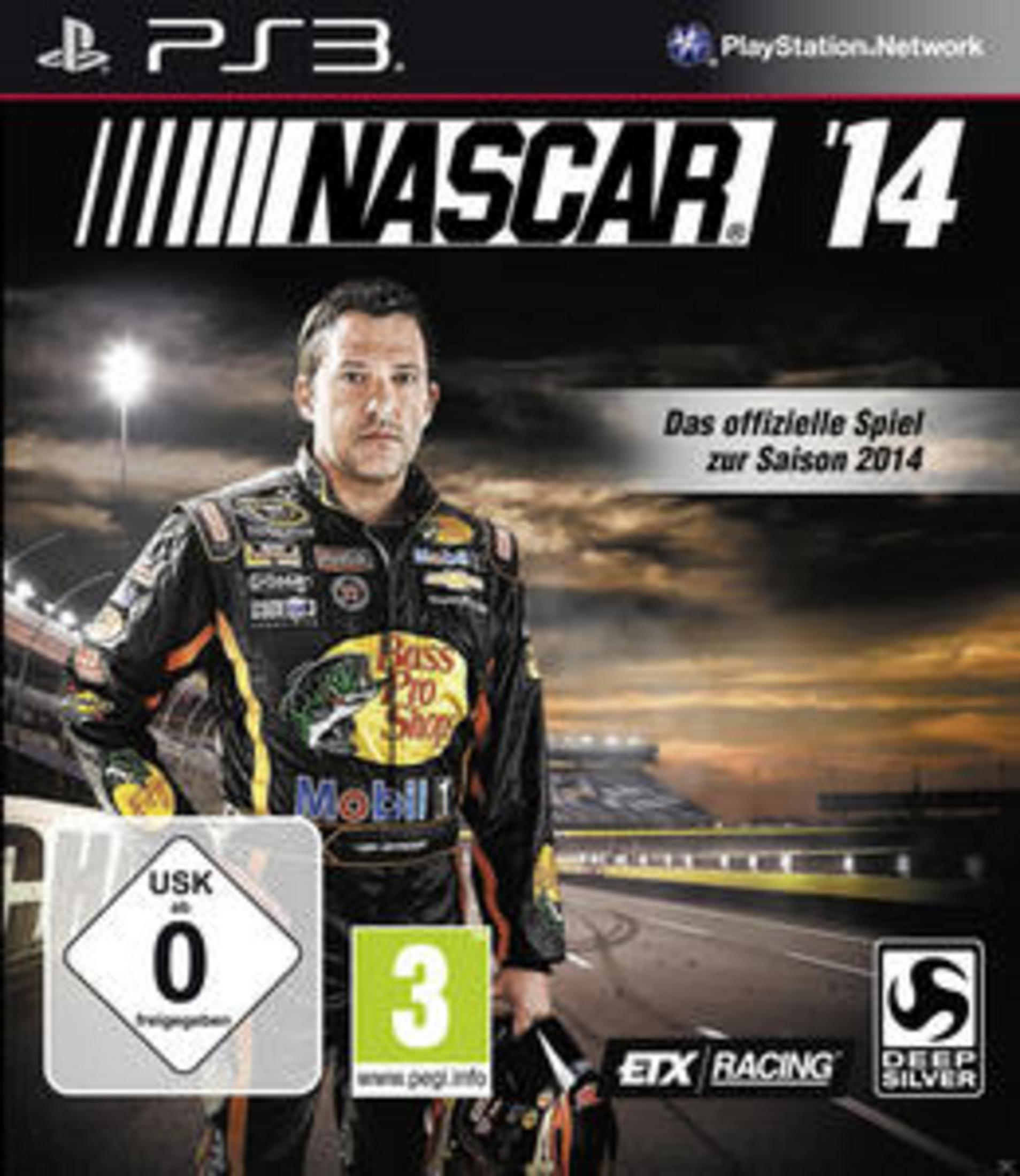Cover von NASCAR 14 mit Rennfahrer Dale Earnhardt Jr. im Anzug.