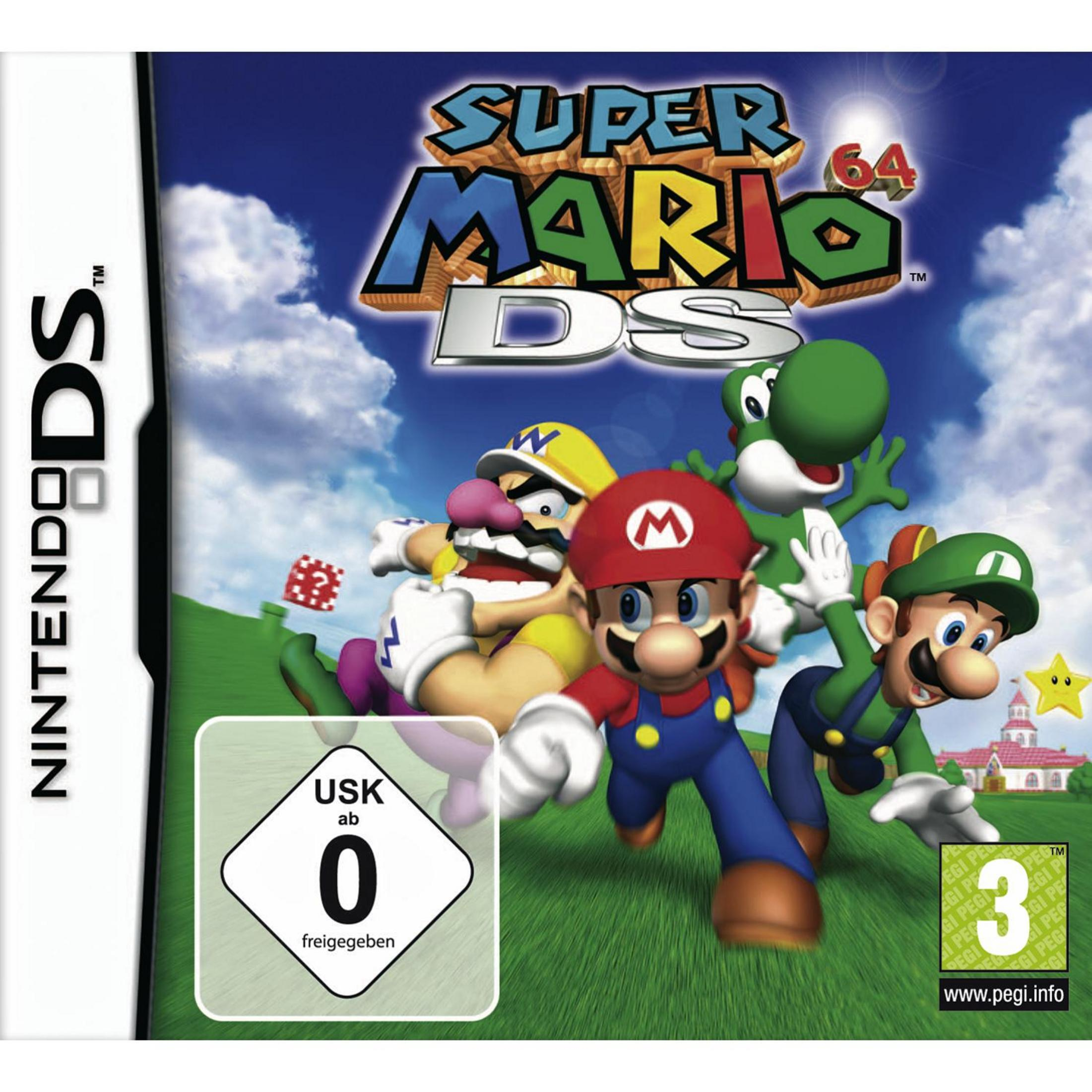 Super Mario 64 DS Cover: Mario, Luigi, Wario, Yoshi auf grünem Hügel.