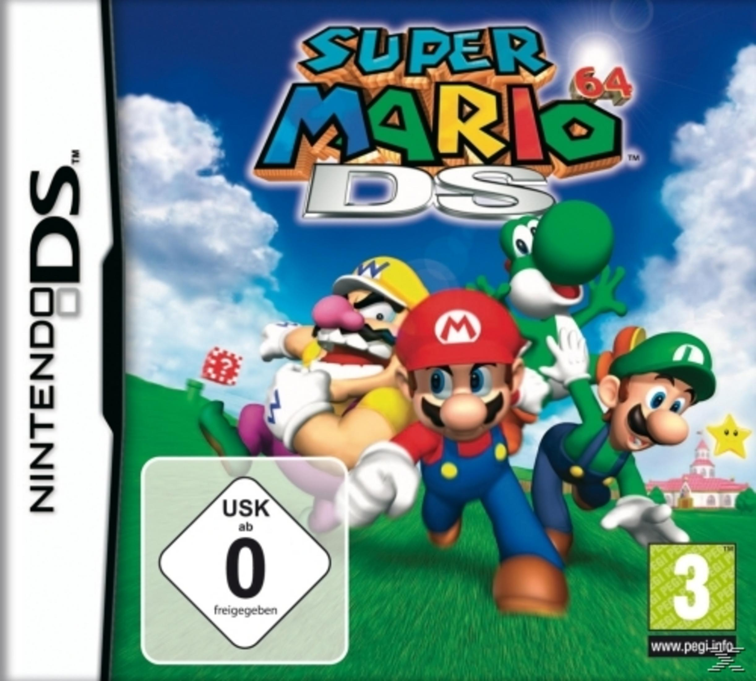 Super Mario 64 DS Cover mit Mario, Luigi, Wario und Yoshi vor blauem Himmel.