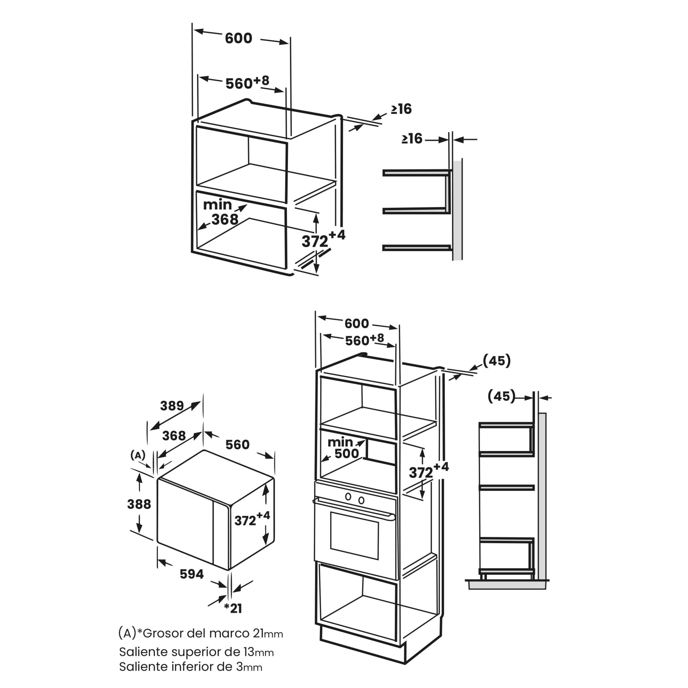 Disegno tecnico di un forno da incasso con dimensioni e misure di installazione.