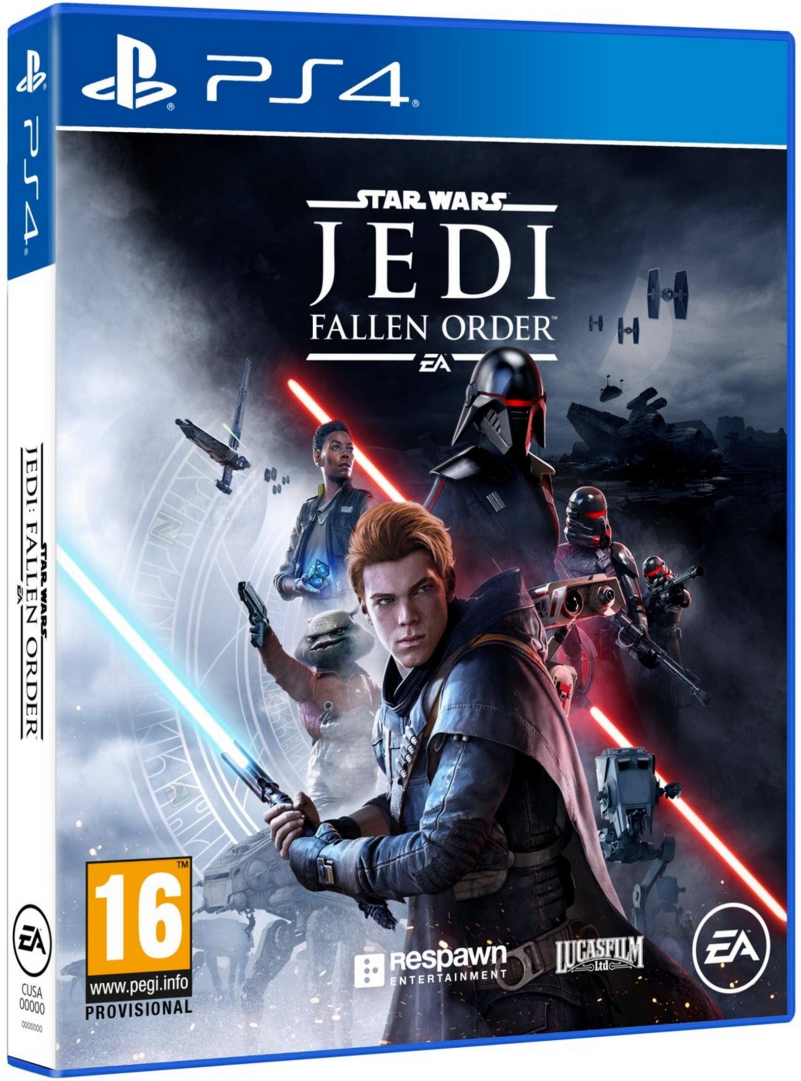Portada del juego Star Wars Jedi: Fallen Order para PS4 con personajes y sables de luz.