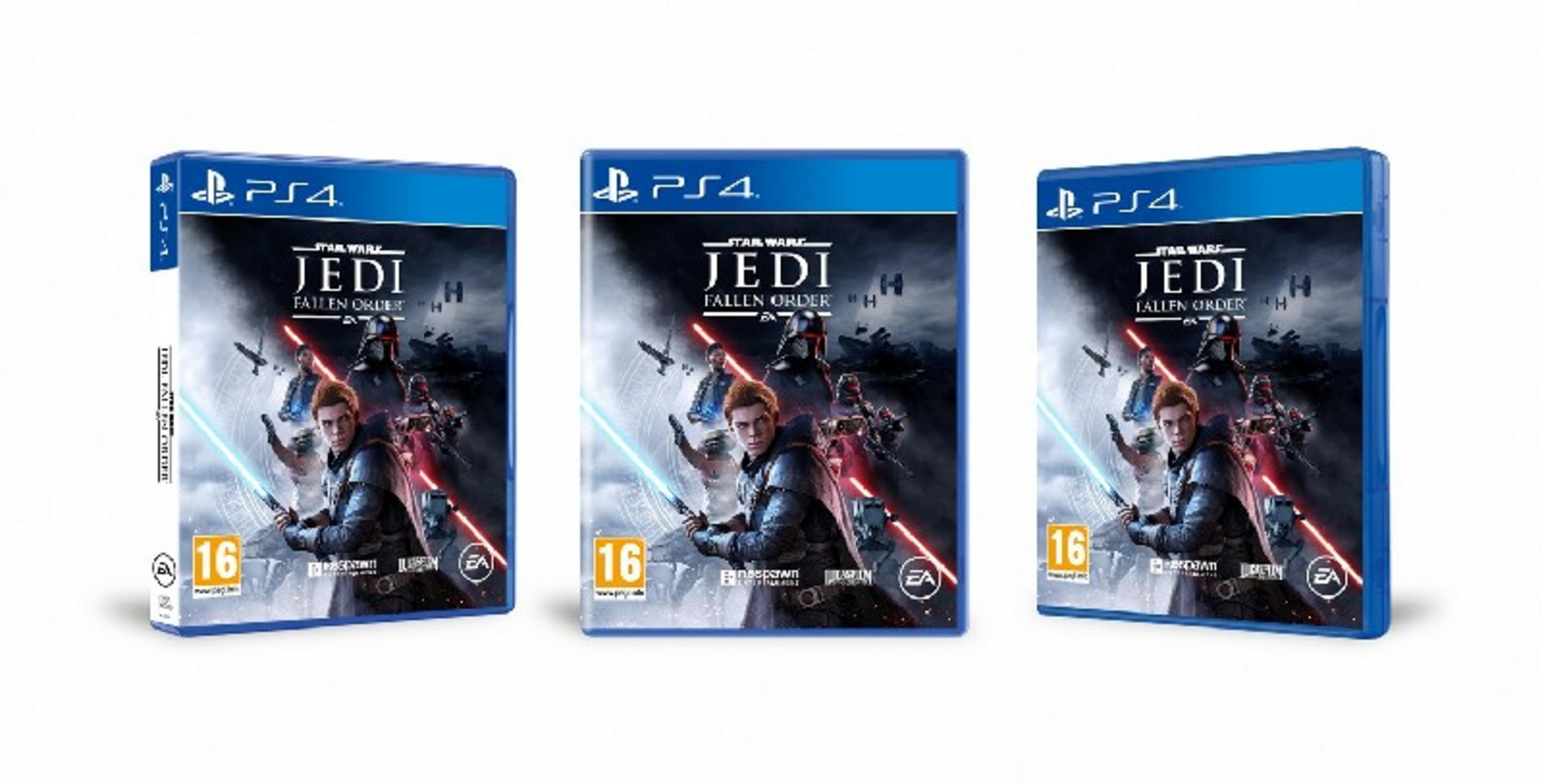 Tres carcasas de juego PS4 de Star Wars Jedi: Fallen Order, con personajes y sables de luz.