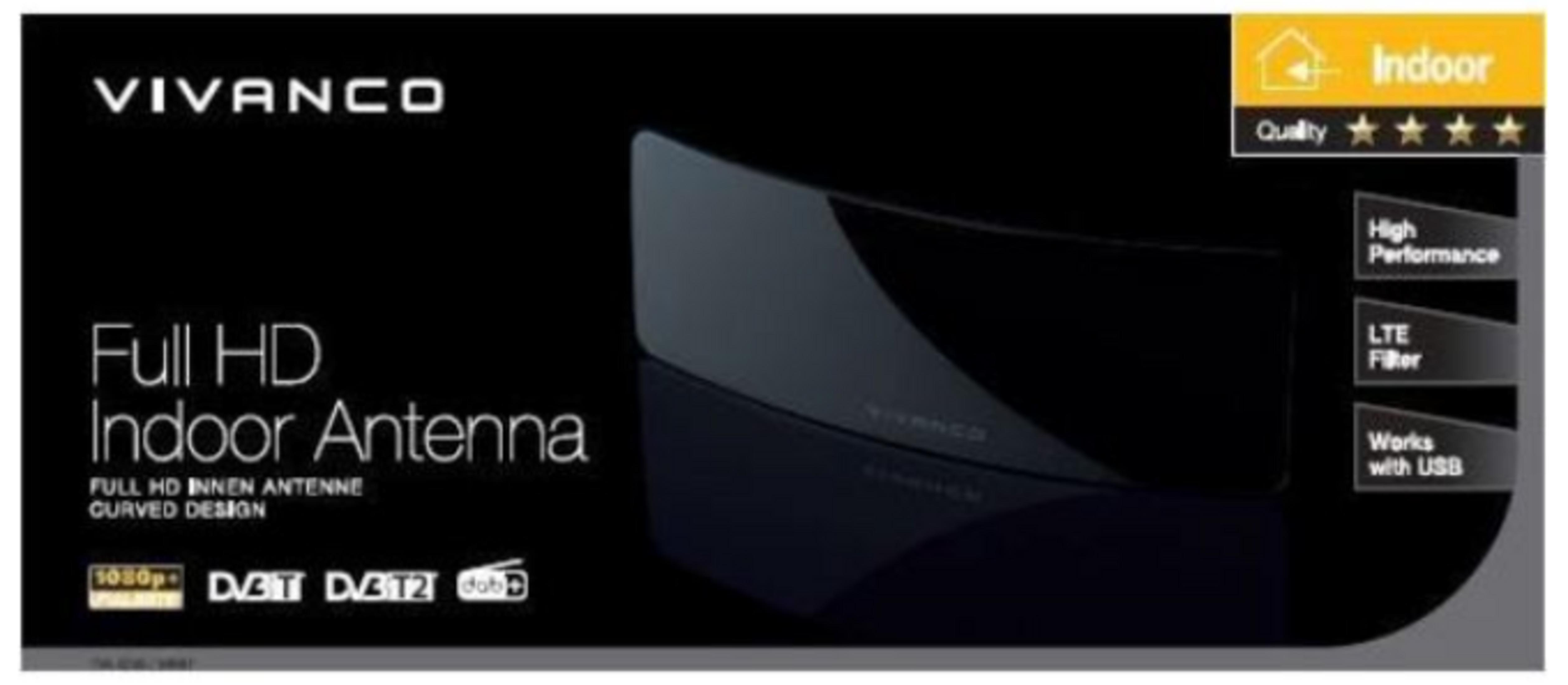 Ein schwarzer Vivanco Full HD Indoor Antenne mit Text und Symbolen.