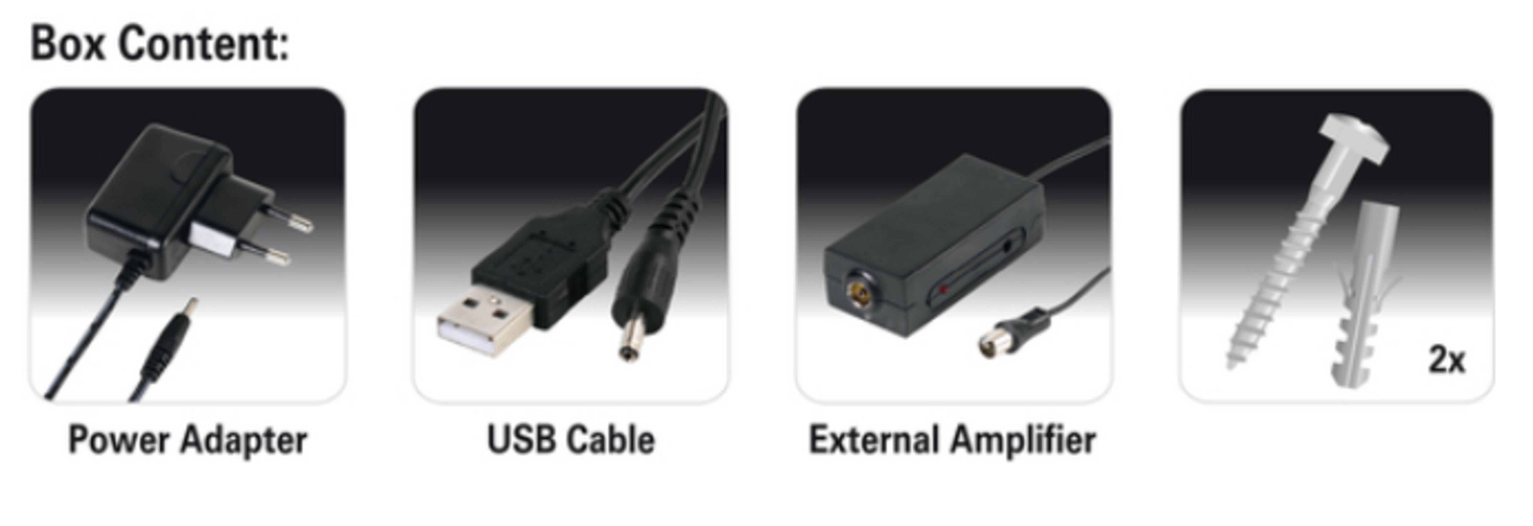 Box-Inhalt: Netzteil, USB-Kabel, externer Verstärker, 2x Schraube & Dübel.