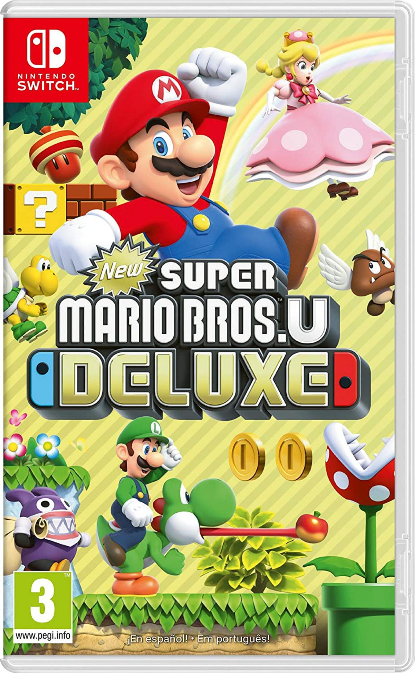 Copertina Super Mario Bros. U Deluxe: Mario, Luigi, Yoshi, Peach, Goomba, Koopa, Pianta Piranha.