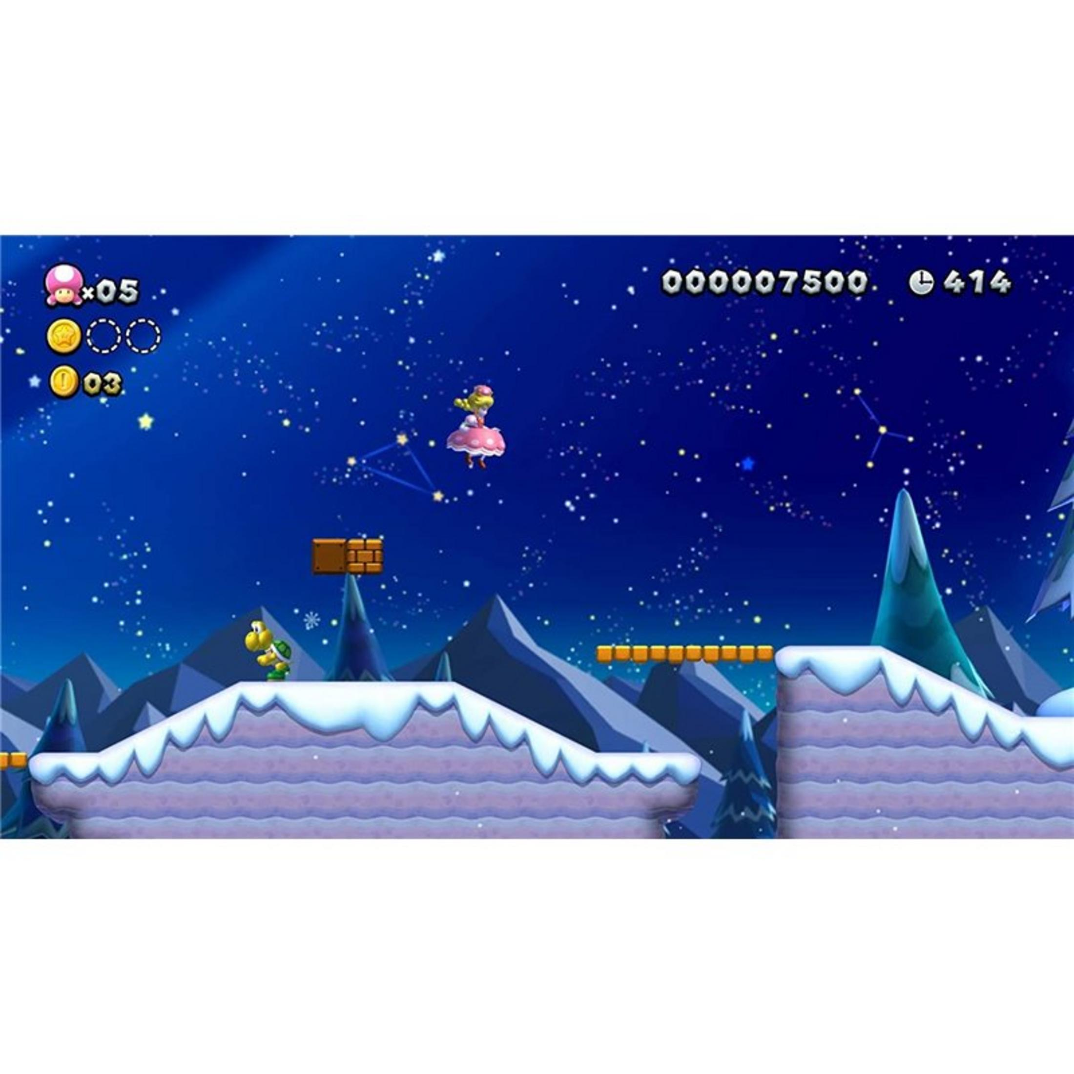La principessa Peach fluttua su un paesaggio innevato sotto un cielo stellato.