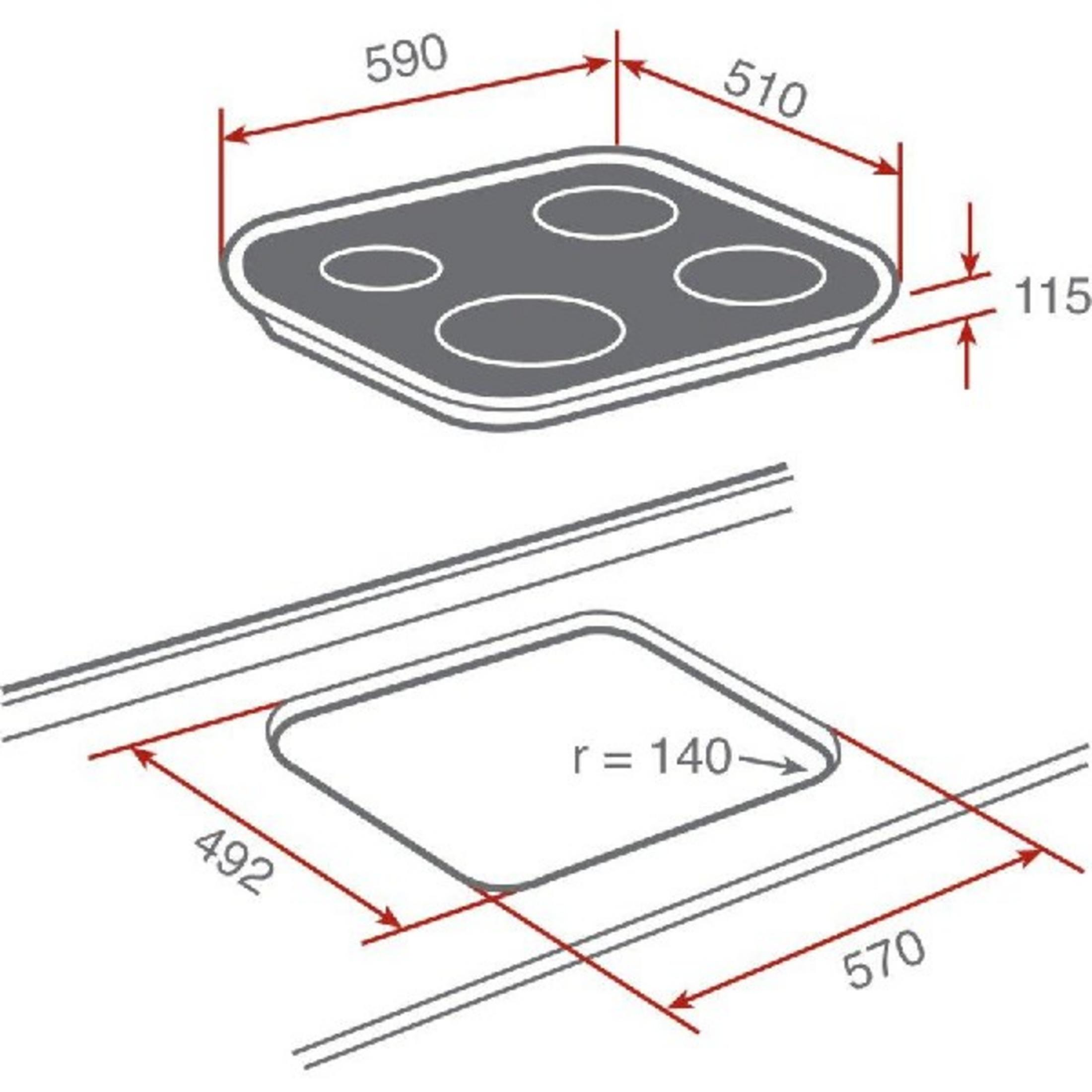 El diagrama muestra una placa de cocina con dimensiones 590x510x115mm y recorte 492x570mm, radio 140mm.