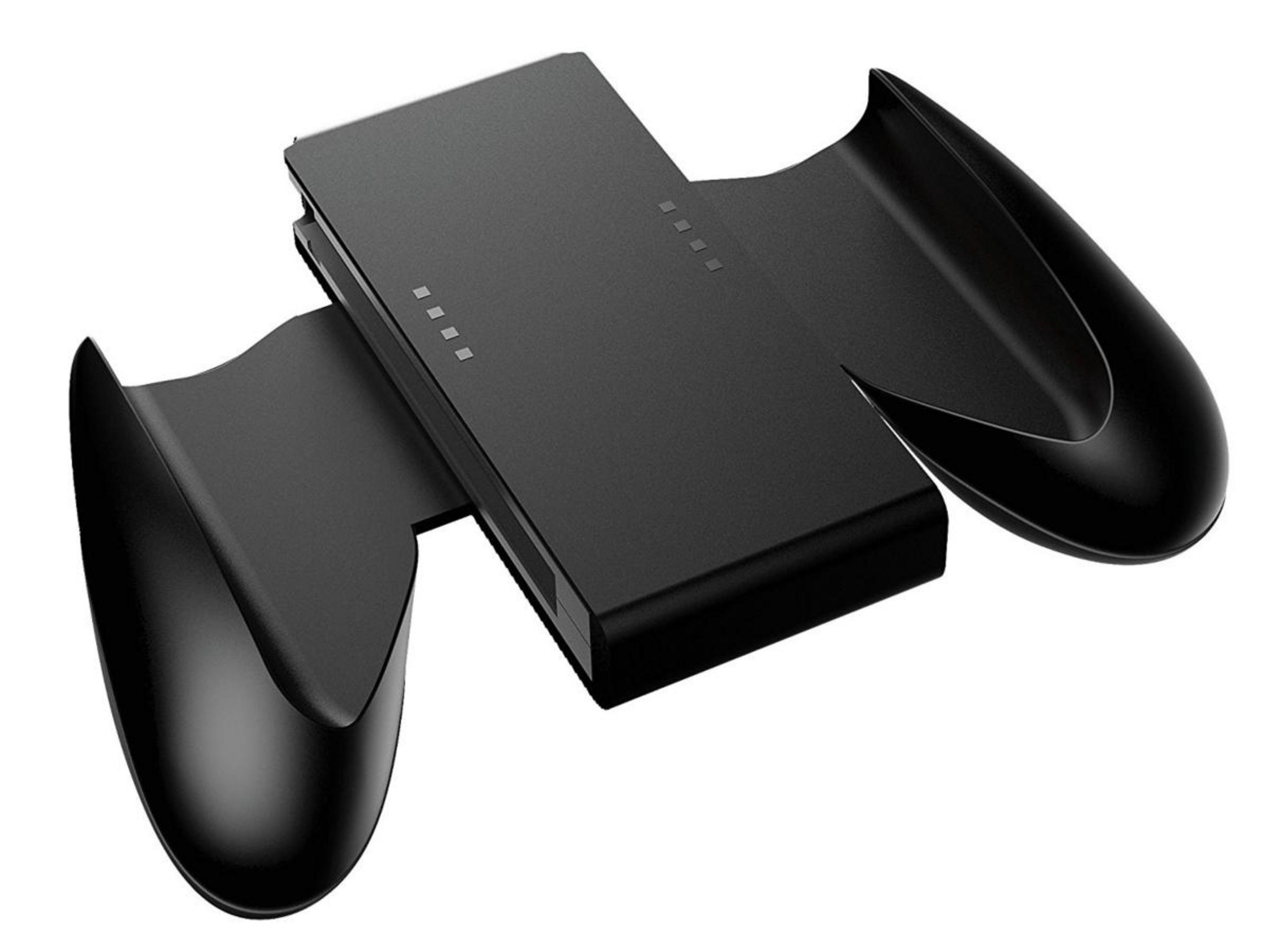Schwarzer Controller-Griff mit Ladefunktion, vier Ladeanzeigen.