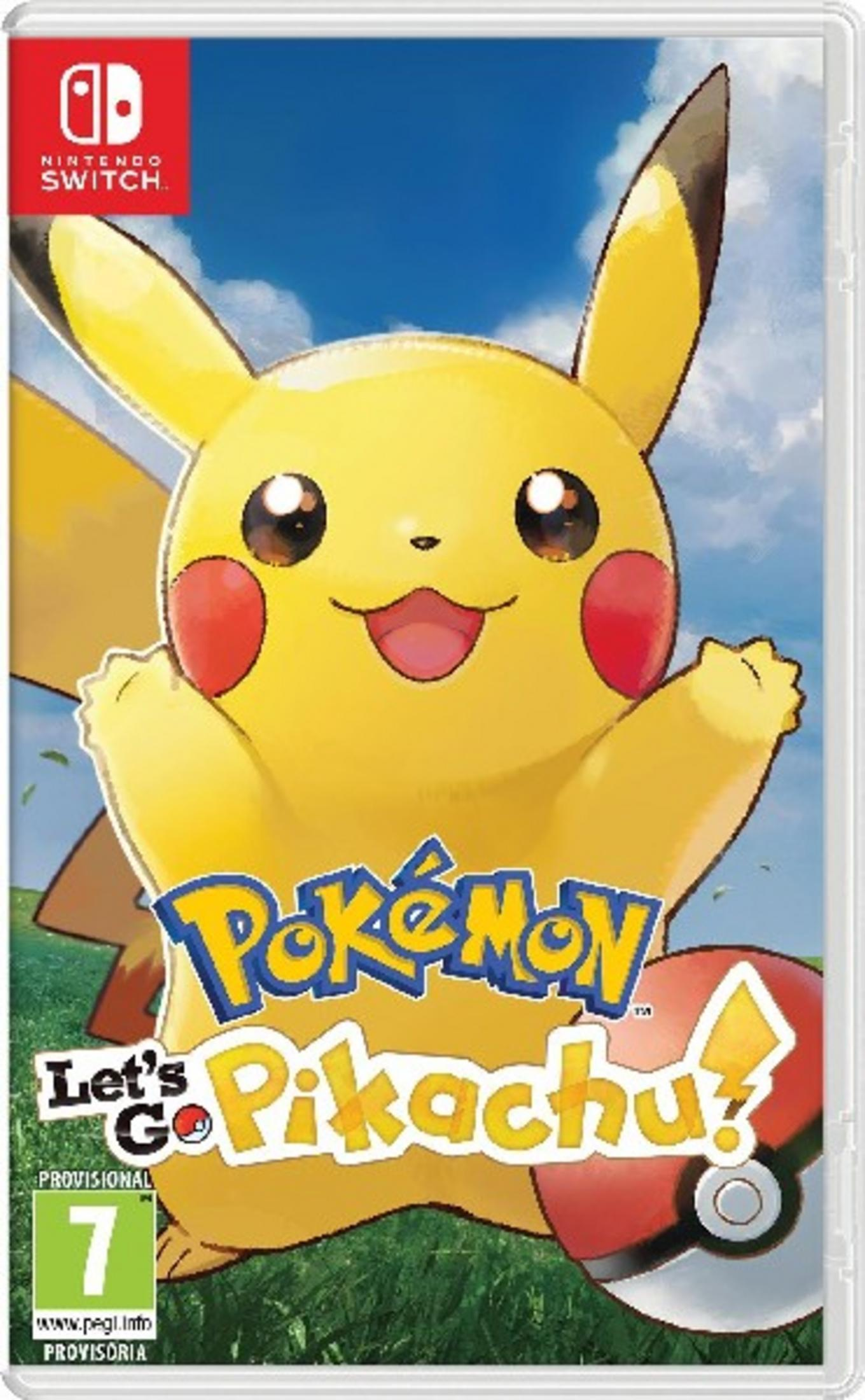 Pikachu, logo Nintendo Switch, Pokeball e classificazione PEGI su copertina.