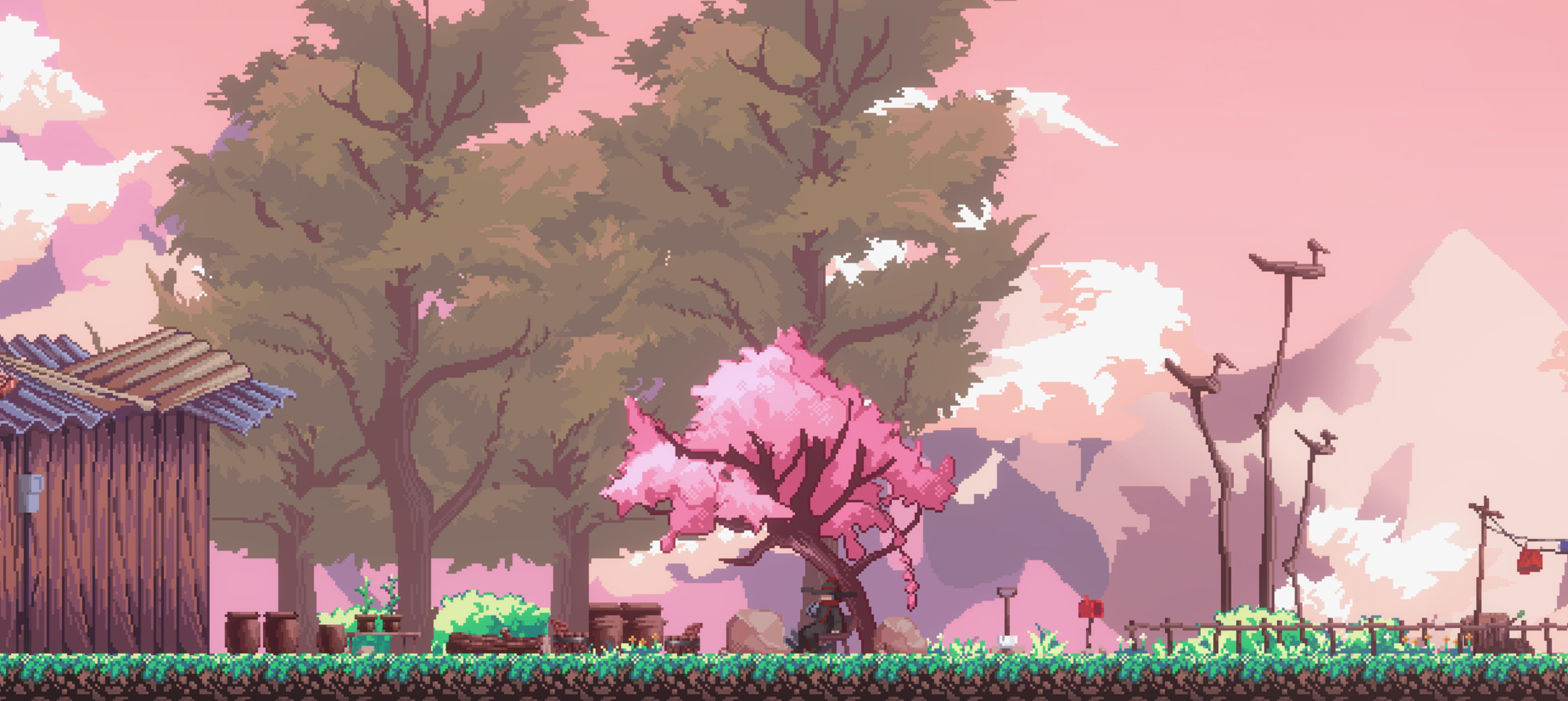 Paisaje de pixel art con cabaña de madera, árbol de cerezo en flor rosa, colinas verdes y montañas.