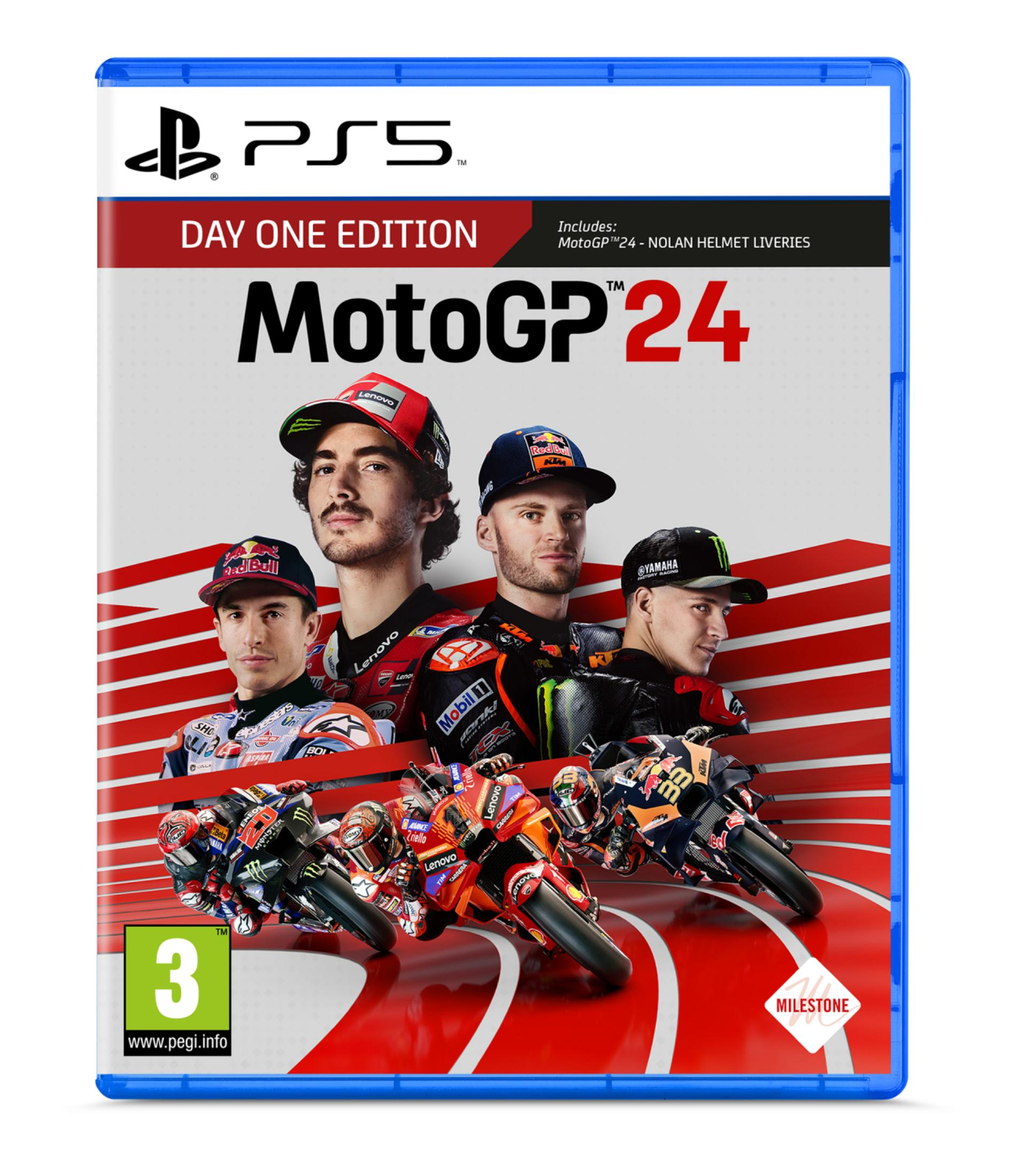 Copertina PS5 MotoGP™ 24 Edizione Day One con piloti e moto.
