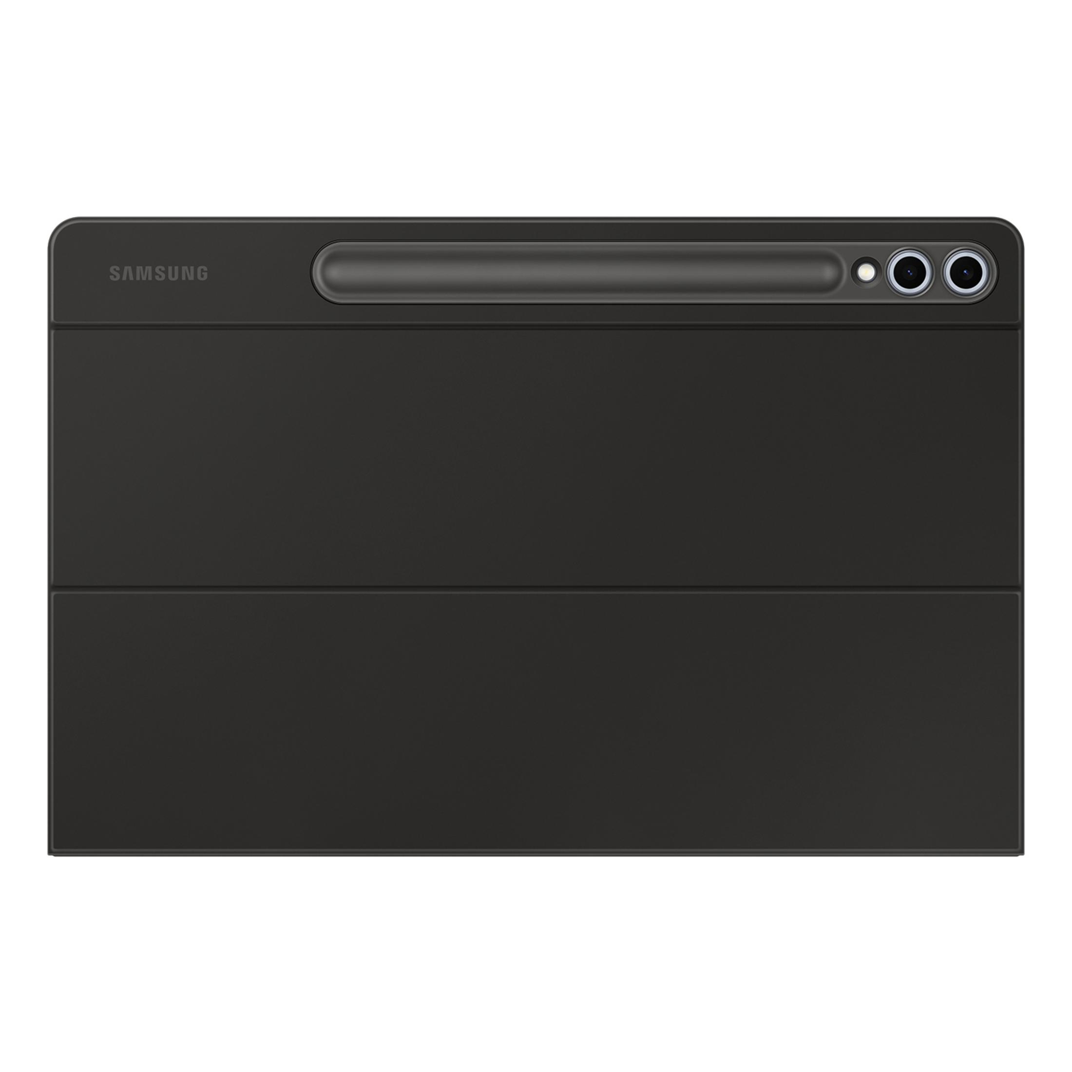 Funda negra para tableta Samsung con soporte para lápiz y corte para cámara.