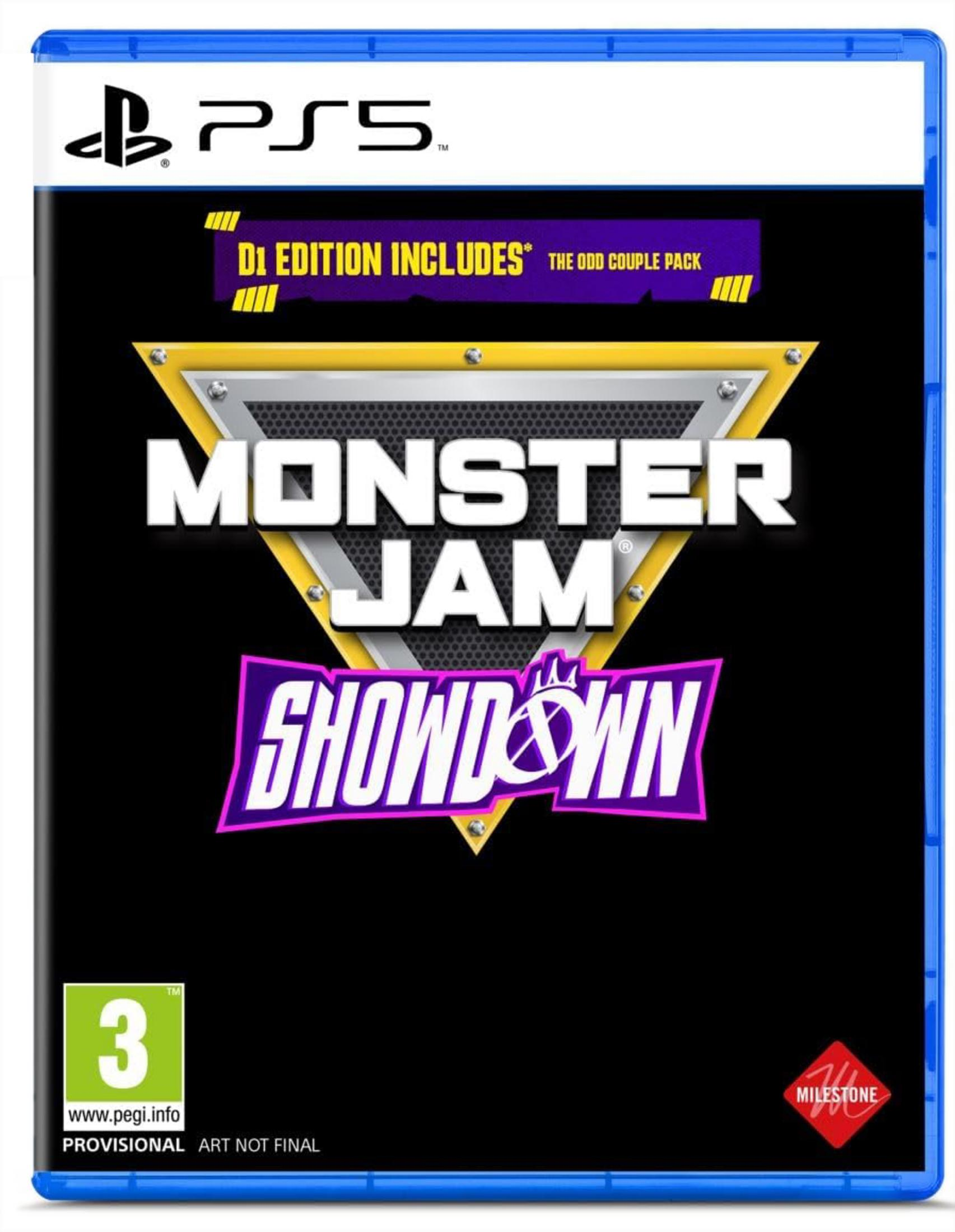 Portada del juego de PS5 Monster Jam Showdown, Edición D1. Incluye The Odd Couple Pack.