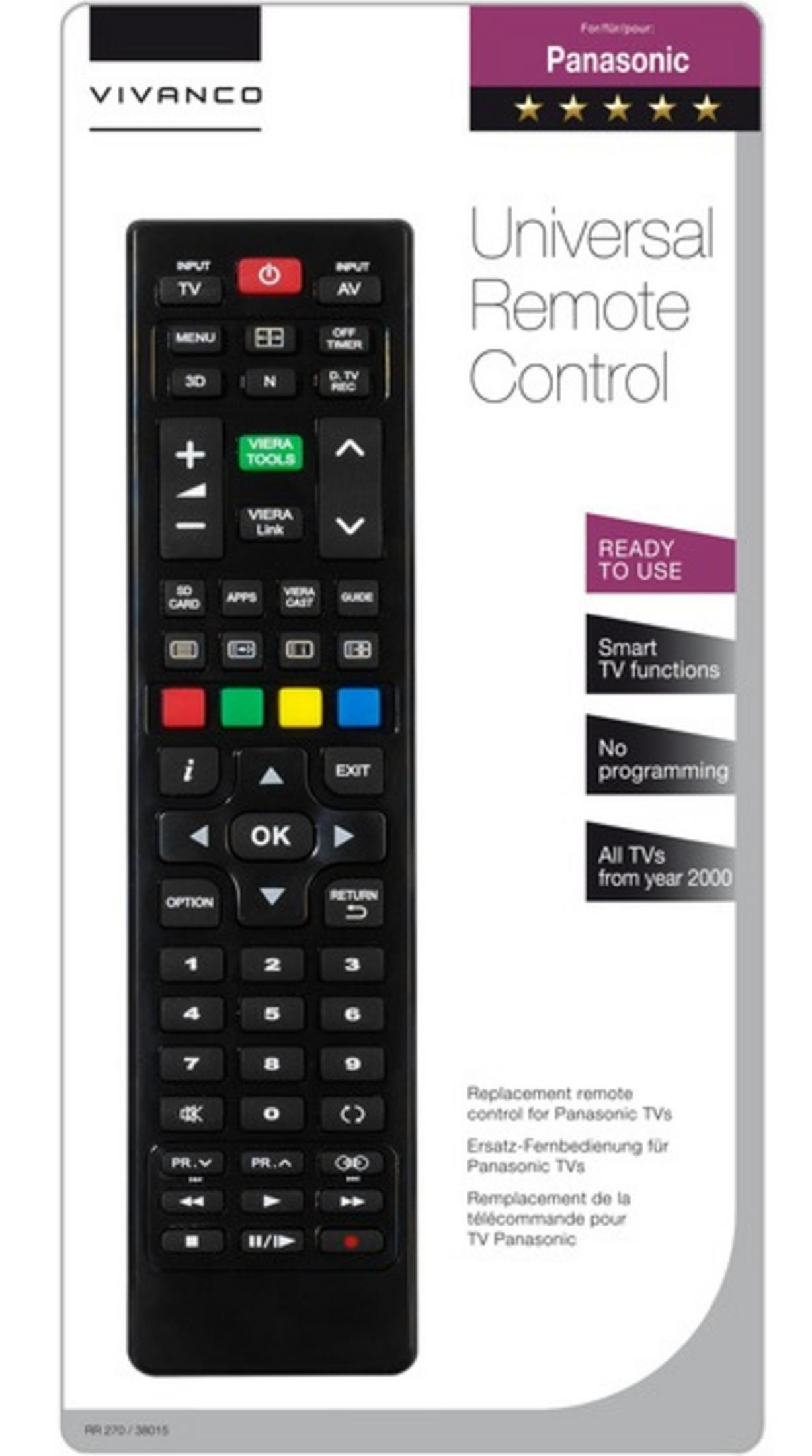 Mando a distancia universal negro para TV Panasonic con etiquetas.