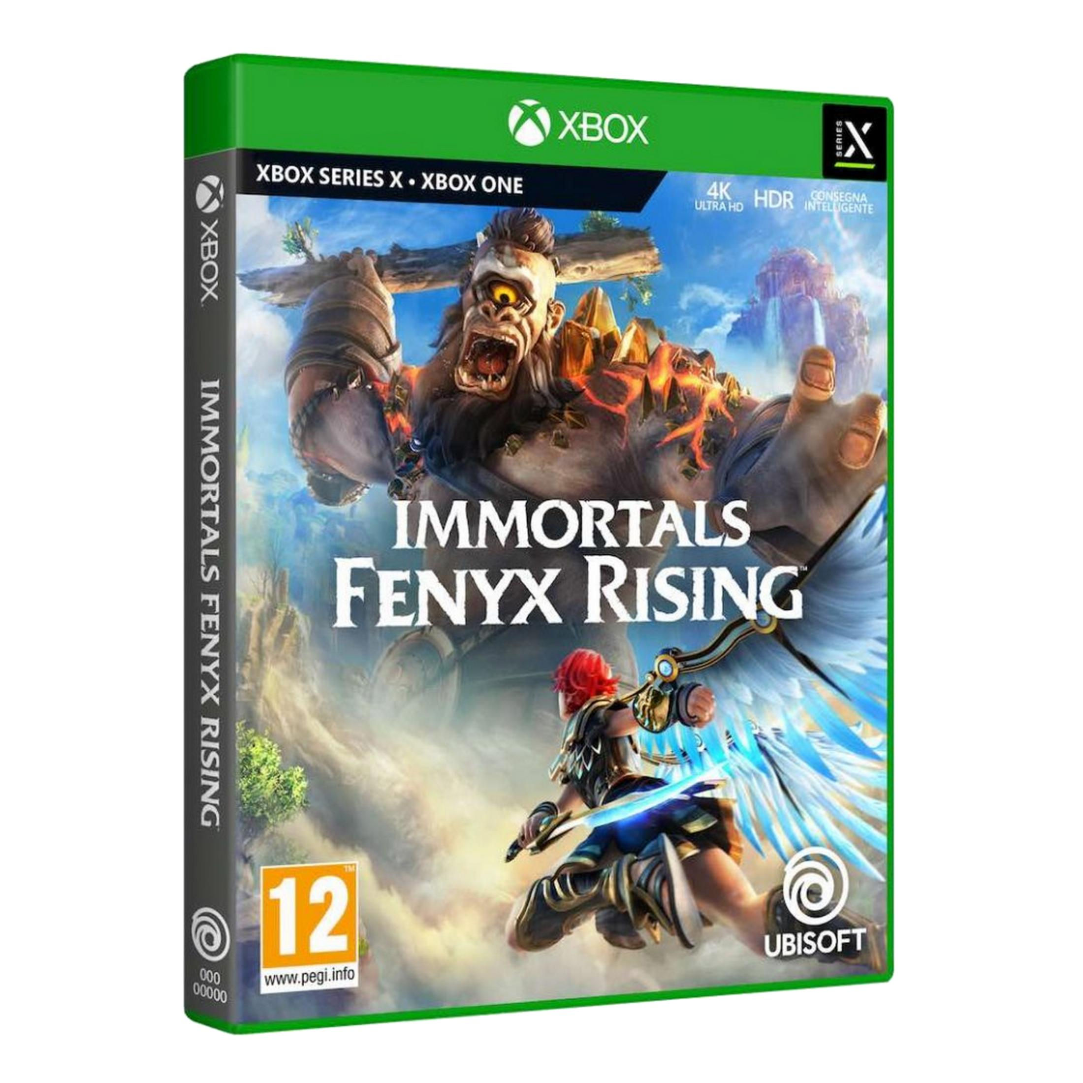 Custodia gioco Xbox per 'Immortals Fenyx Rising' con figure mitologiche e logo.