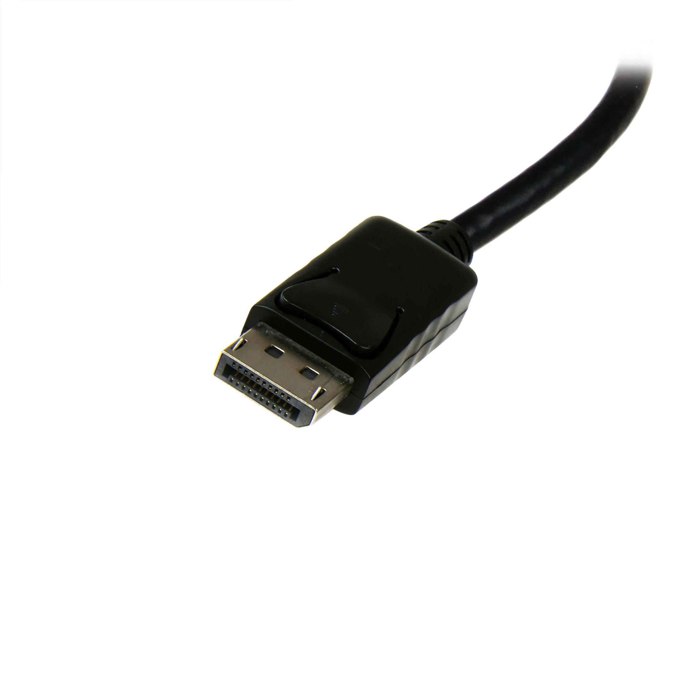 Cable DisplayPort negro con conector sobre fondo blanco.